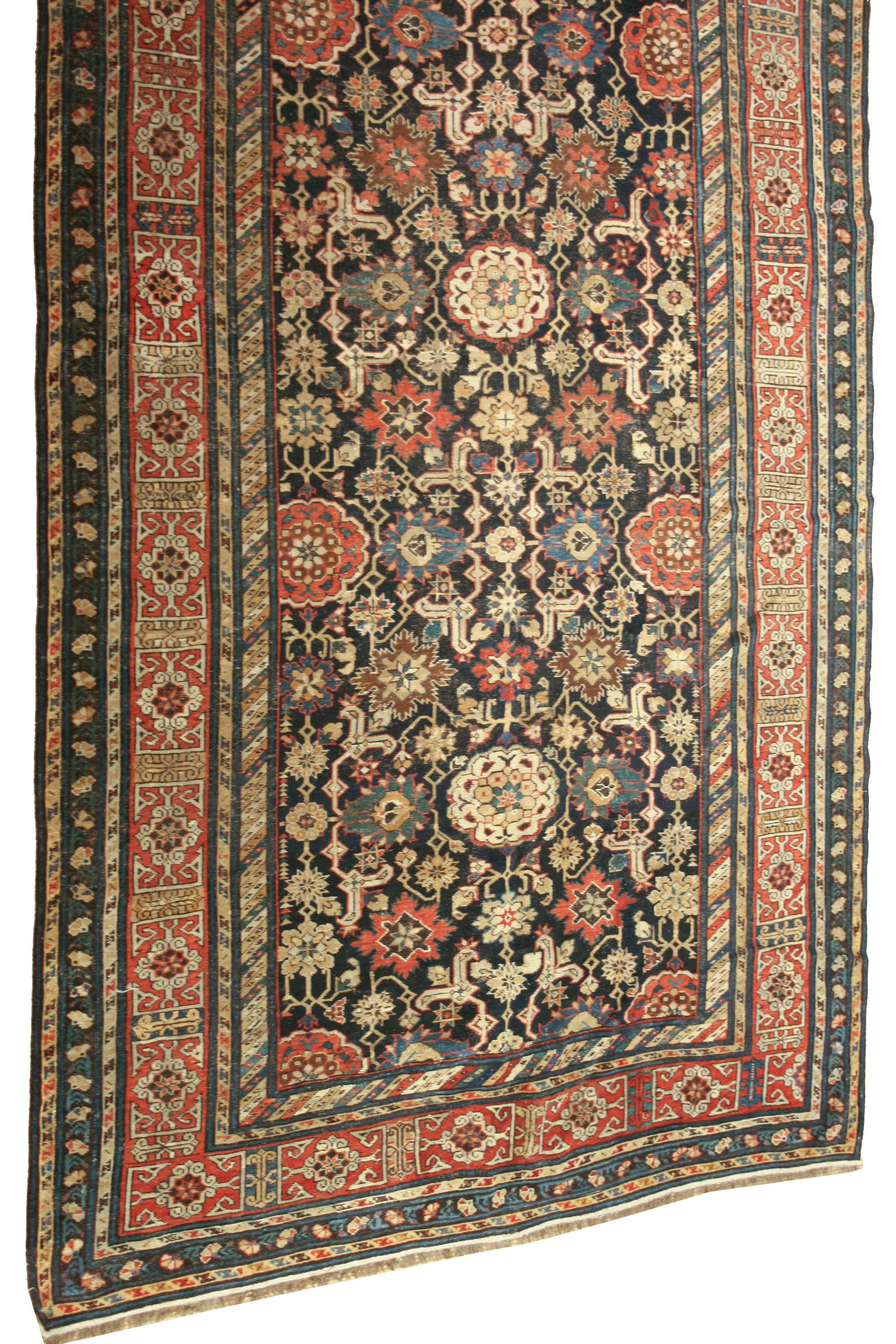 Antique Caucasian Kuba Shirvan Runner Rug, 4'11 x 12'11. 19th century Shirvan runner rug. Colors: Navy, coral, tan, teal and royal blue.