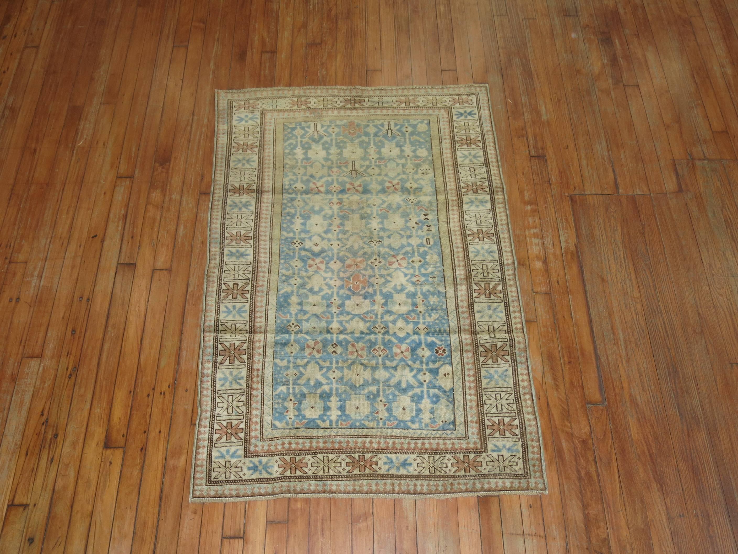 Antique Caucasian Light Blue Kuba Rug In Excellent Condition In New York, NY
