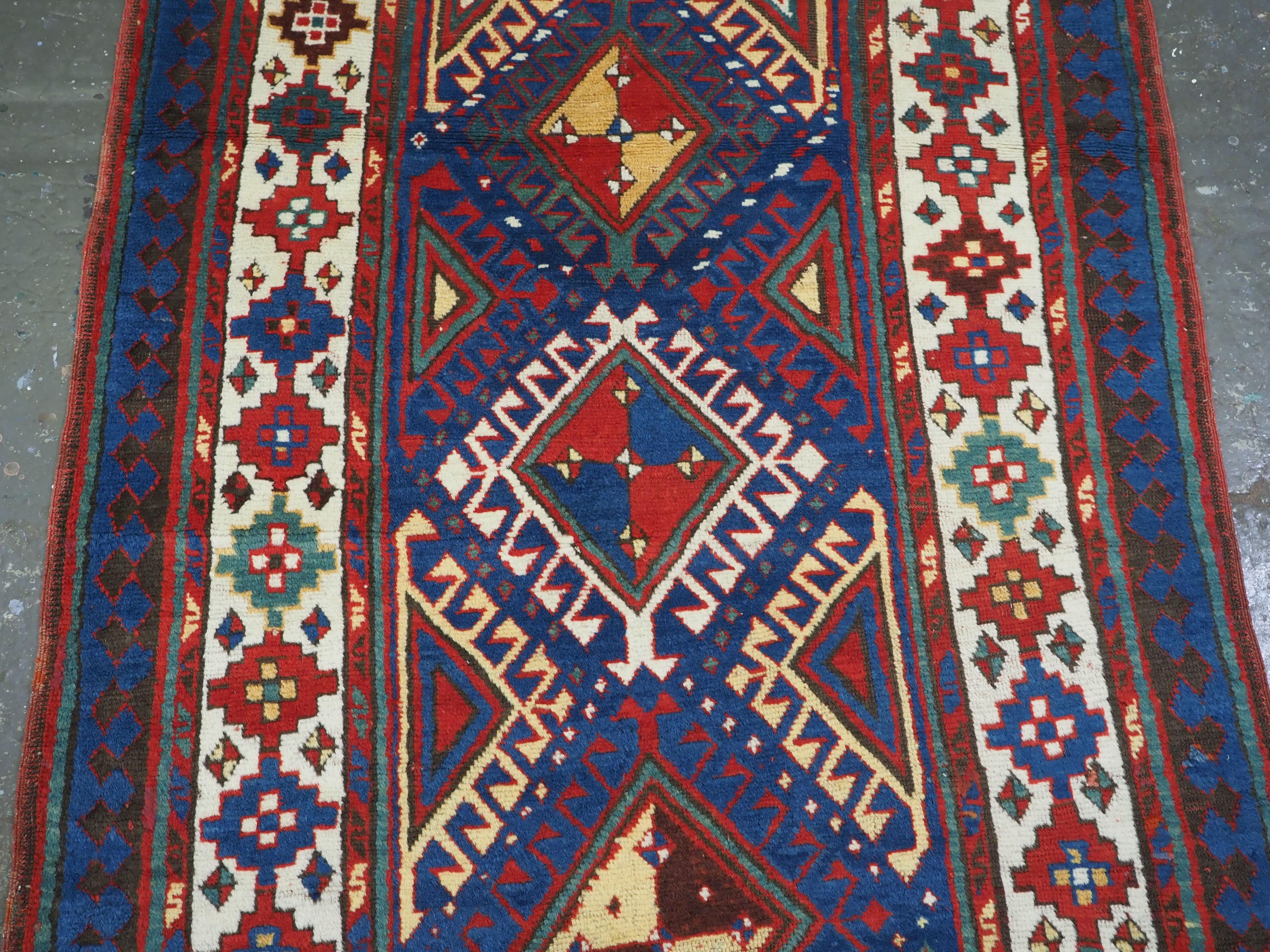Antique Caucasian Moghan Kazak long rug / runner, circa 1880. In Good Condition For Sale In Moreton-In-Marsh, GB