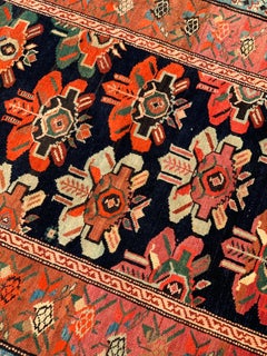 Antique Caucasian Navy Blue Rose Rust Floral Karabagh Runner Rug 3.8 x 10.7 ft.