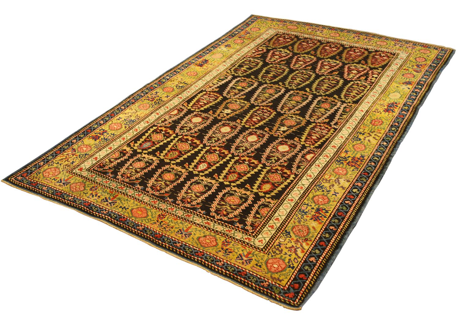 Hand-Knotted Antique Caucasian Olive Green Border Wool Seychour 'Zeikhur' Rug, 1880-1900 For Sale