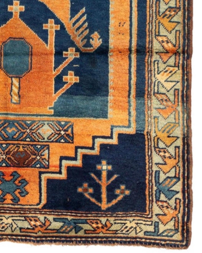 Antique Caucasian Orange and Blue Kazak Tribal Geometric Area Rug at