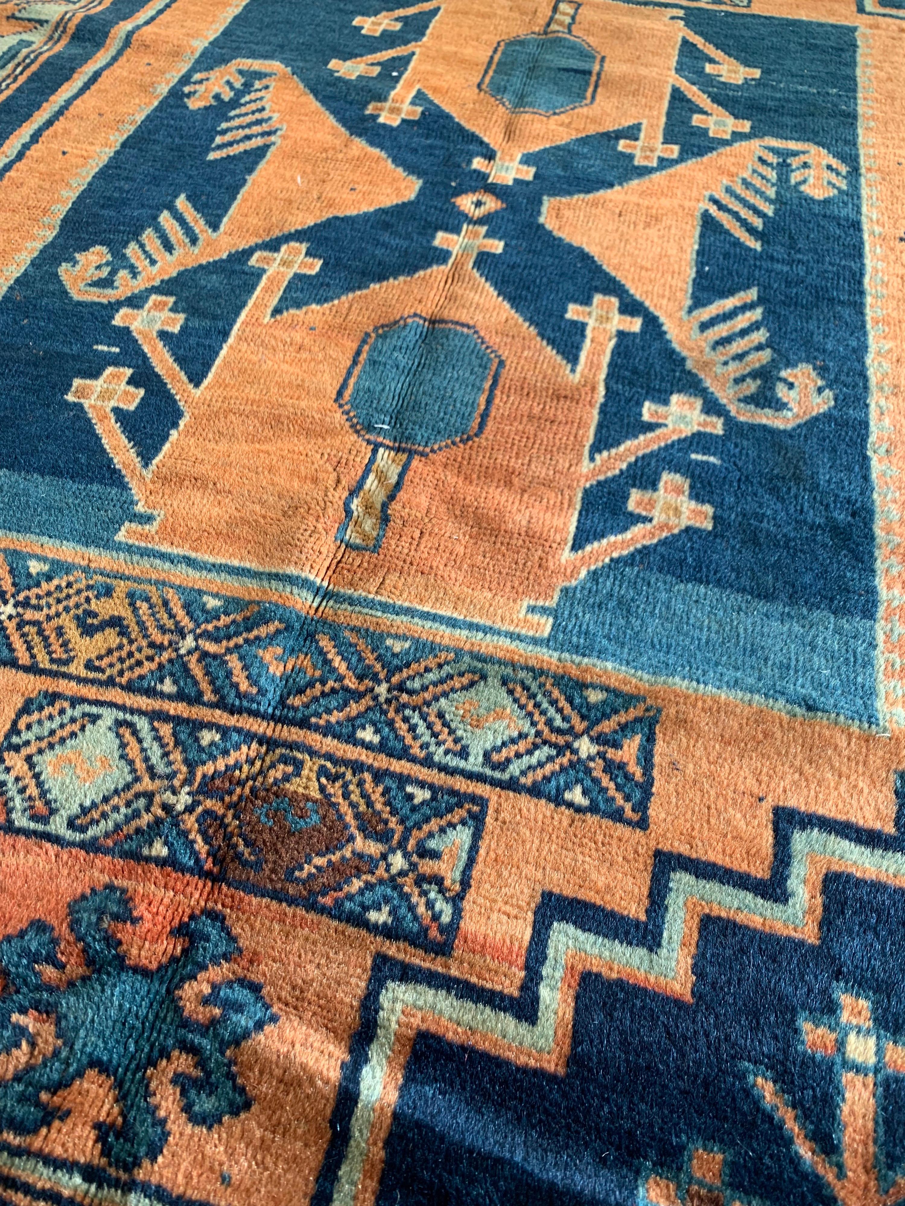 Hand-Woven Antique Caucasian Orange and Blue Kazak Tribal Geometric Area Rug For Sale