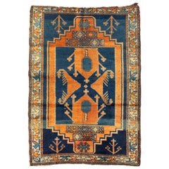 Antique Caucasian Orange and Blue Kazak Tribal Geometric Area Rug