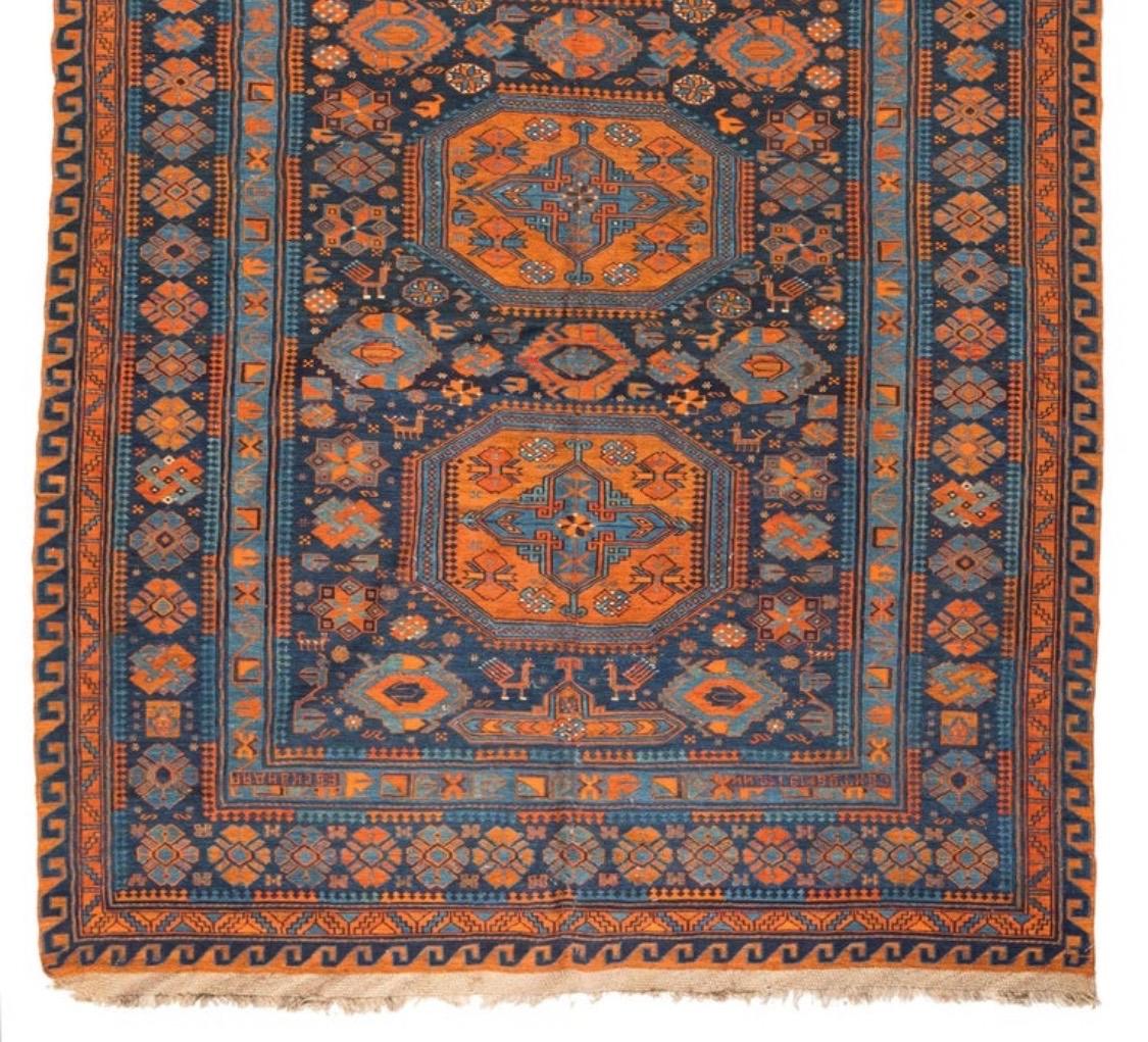 Sumak Antique Caucasian Orange and Navy Blue Geometric Tribal Soumak Rug, circa 1920s For Sale