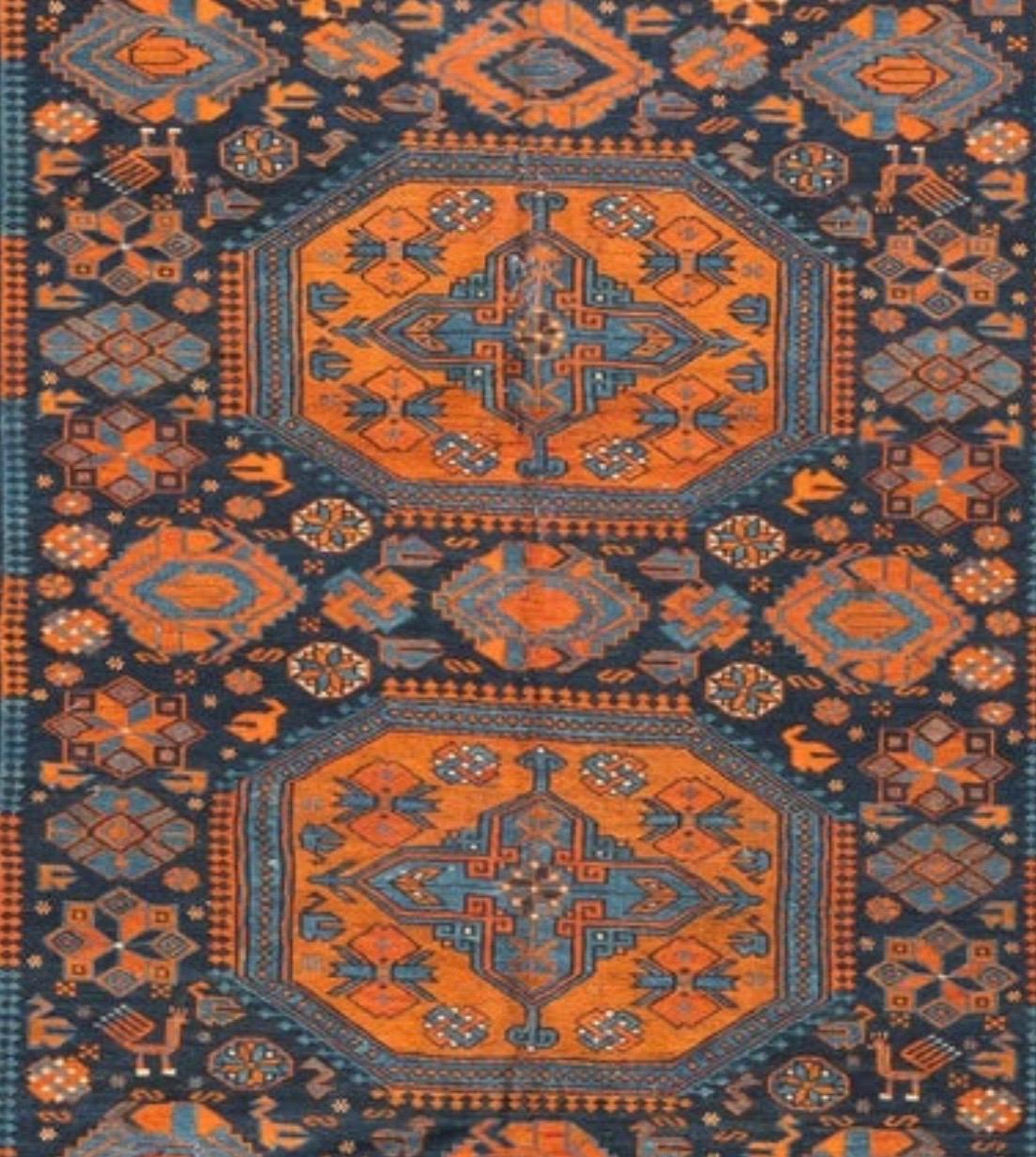 Hand-Woven Antique Caucasian Orange and Navy Blue Geometric Tribal Soumak Rug, circa 1920s For Sale