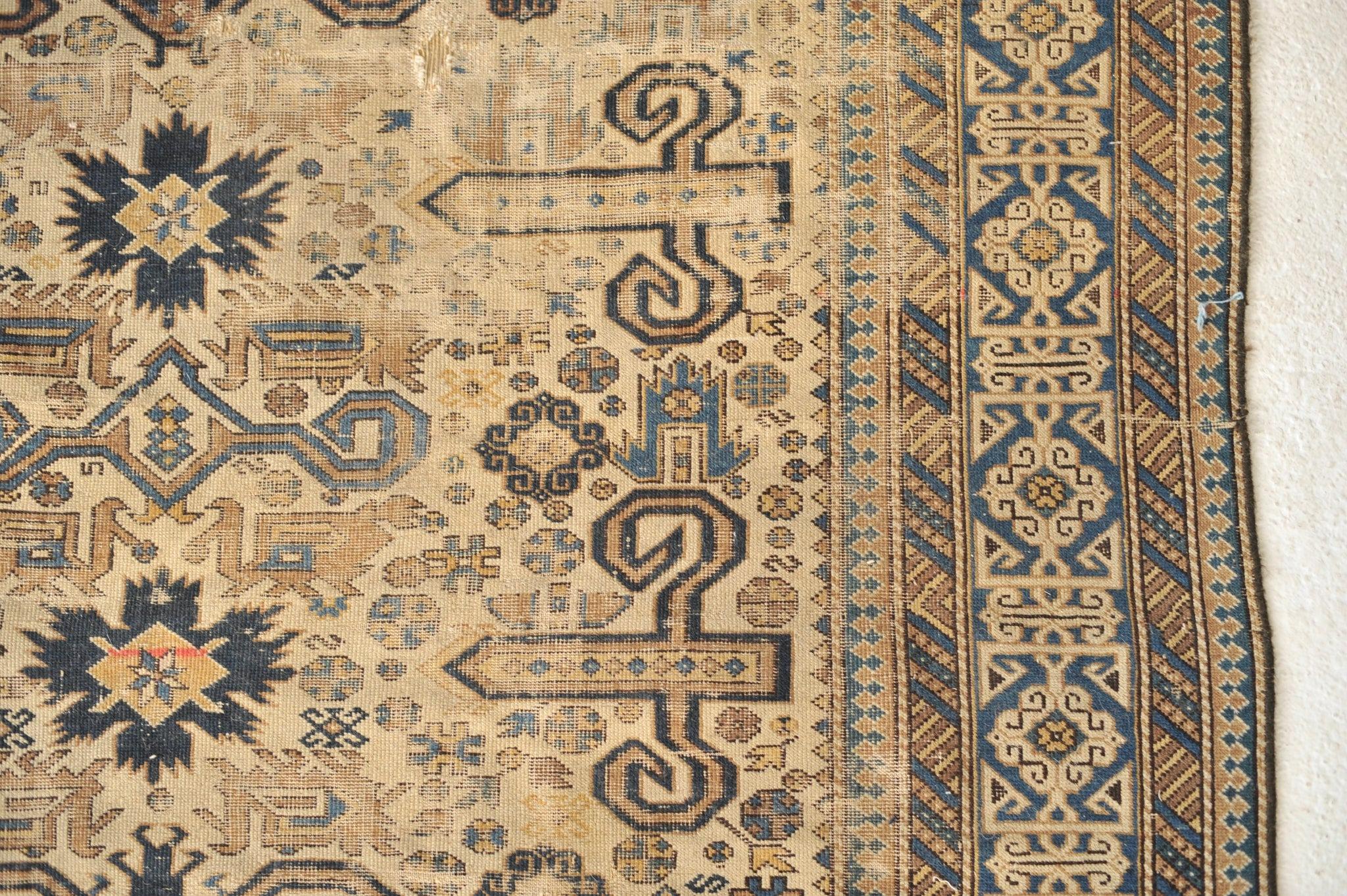 Super Fine Antique Caucasian Prepidil  Gorgeous Drawing with Stylized Ram Horns in Beige & Navy 

Size: 4 x 5
Age: Antique
Pile: Low with age-related patina, see pics. Great character piece

This rug is one-of-a-kind, only one in the world, no