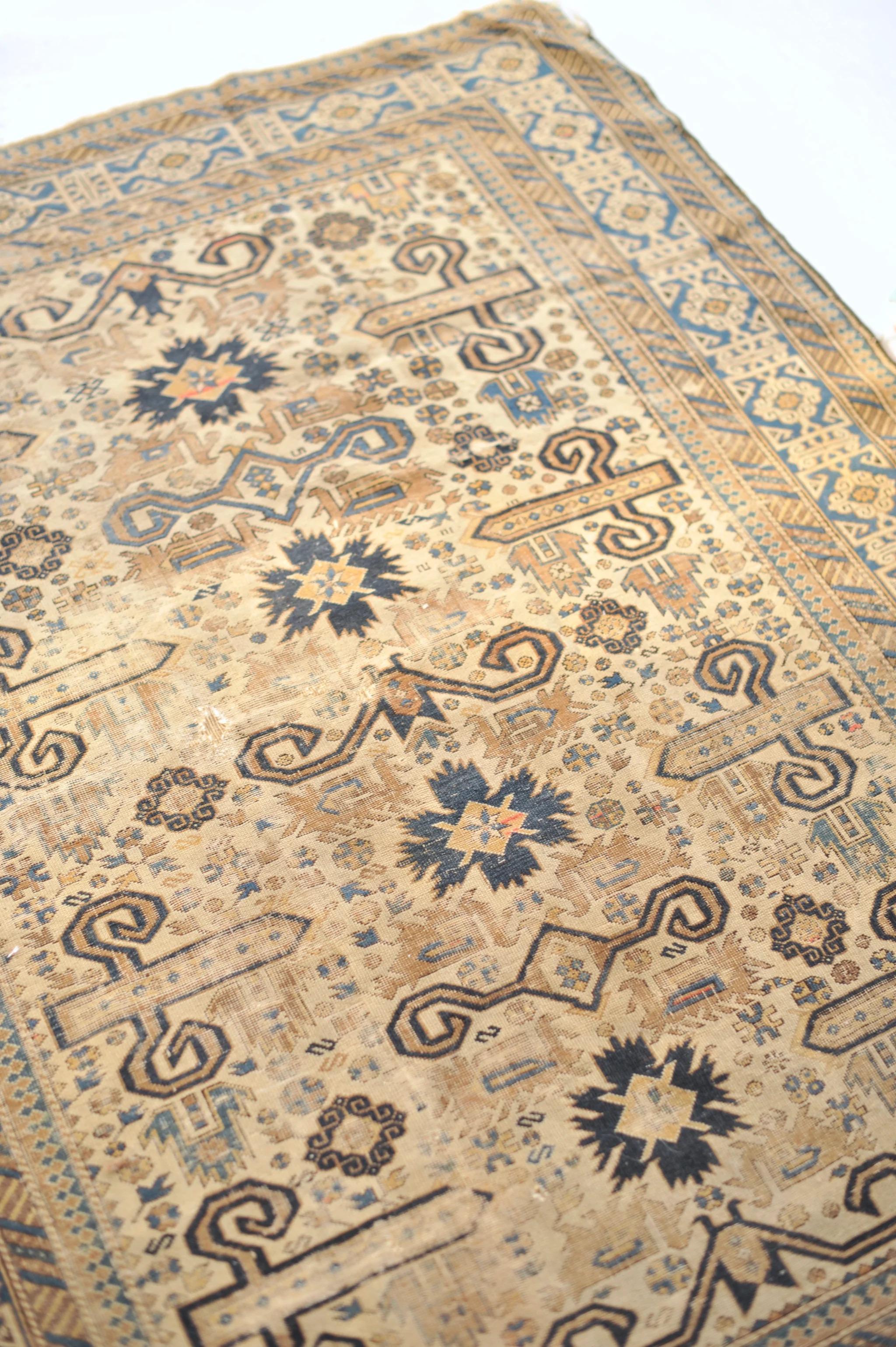 Hand-Knotted Antique Caucasian Prepidil Rug with Stylized Ram Horns in Beige & Navy For Sale