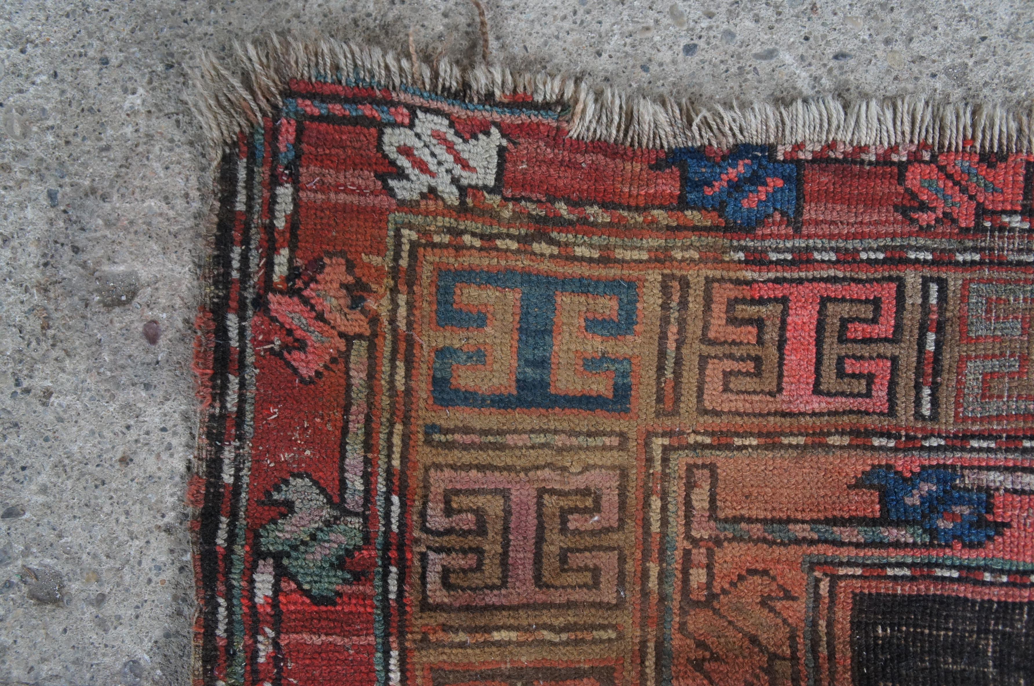Antique Caucasian Red & Blue Hand Woven Wool Karabagh Geometric Prayer Rug Mat For Sale 6