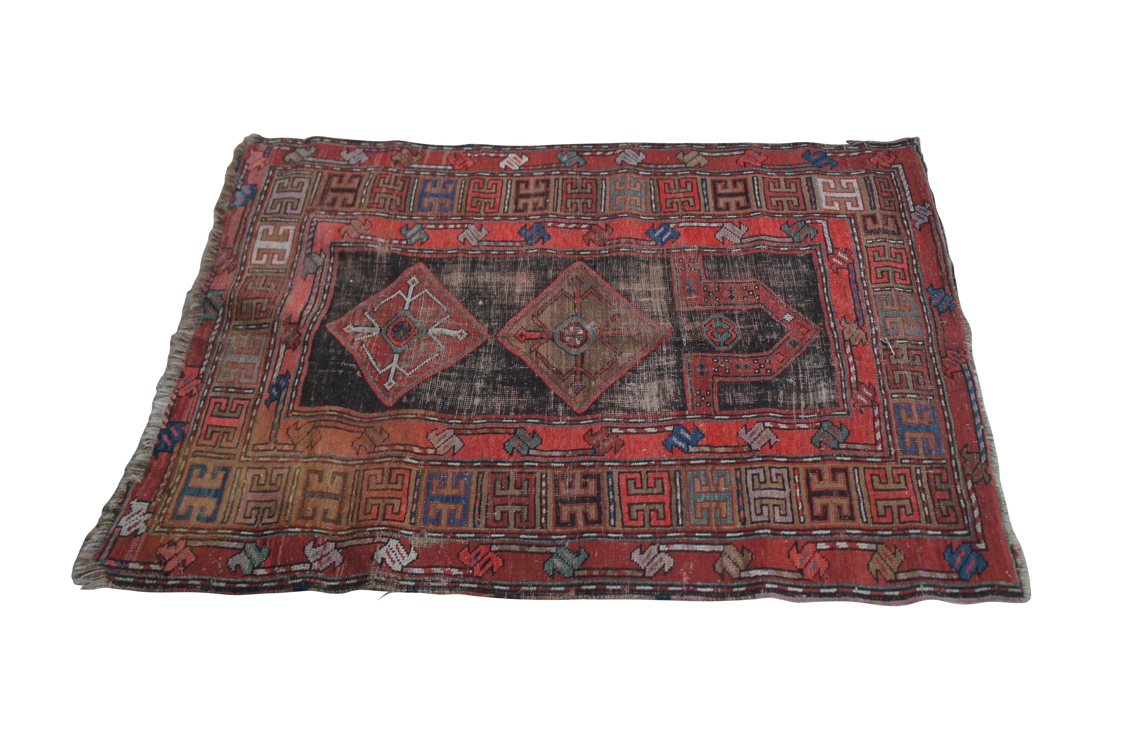Azerbaijani Antique Caucasian Red & Blue Hand Woven Wool Karabagh Geometric Prayer Rug Mat For Sale