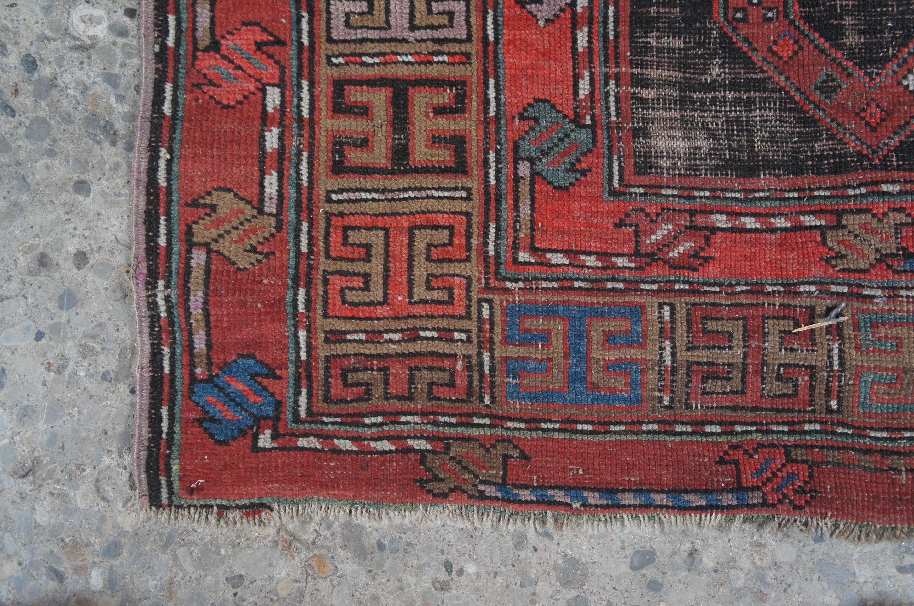 Antique Caucasian Red & Blue Hand Woven Wool Karabagh Geometric Prayer Rug Mat For Sale 1