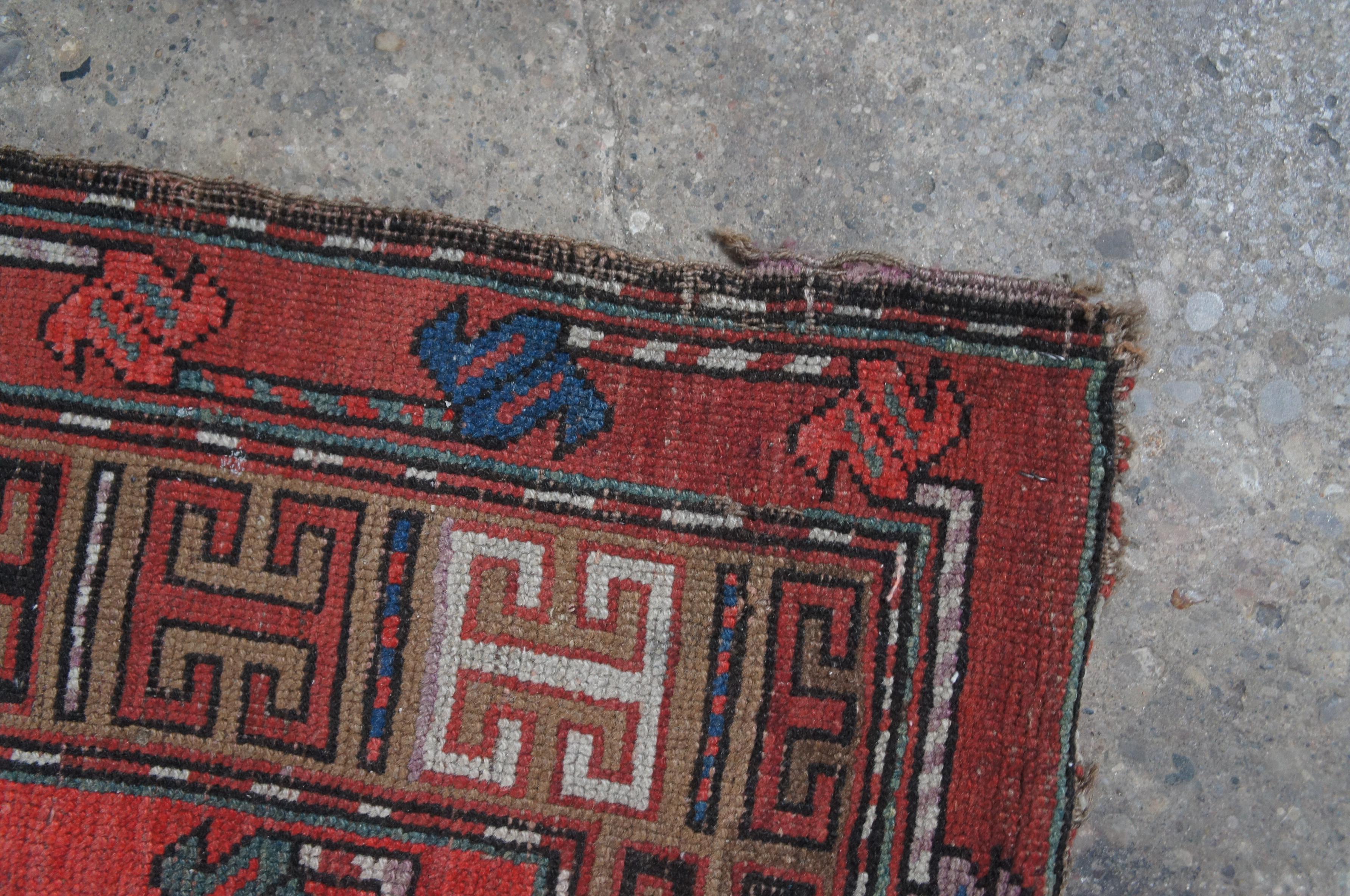 Antique Caucasian Red & Blue Hand Woven Wool Karabagh Geometric Prayer Rug Mat For Sale 2