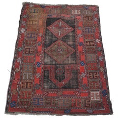 Antique Caucasian Red & Blue Hand Woven Wool Karabagh Geometric Prayer Rug Mat