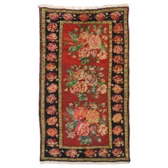 Antique Caucasian Rose Karabagh Karabakh Rug with English Chintz Style