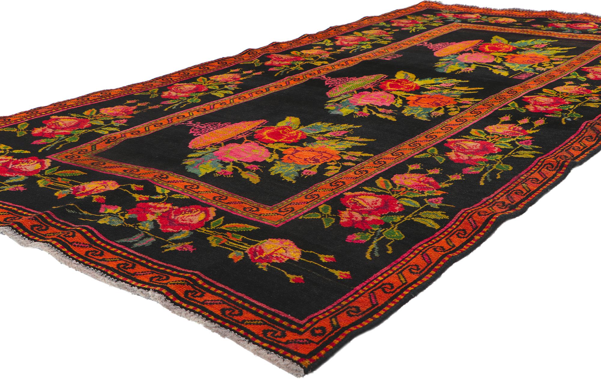 61061 Antique Caucasian Rose Karabagh Rug, 04'03 x 08'03.  Caucasian Karabagh rugs originate from the Karabakh region of the Caucasus, now part of Azerbaijan, and are prized for their intricate geometric designs, vibrant colors, and durable wool