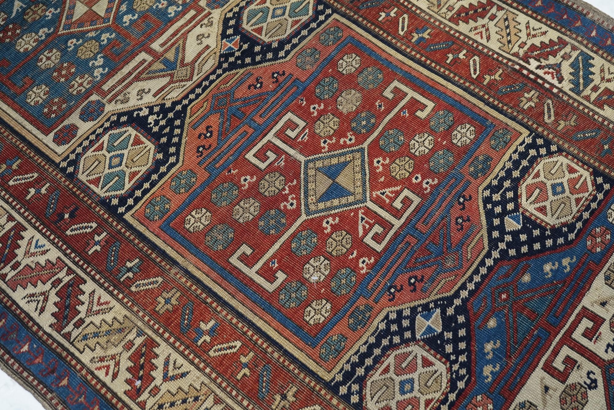 Wool Antique Caucasian Rug 3'7'' x 9'3'' For Sale