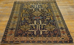 Blue Color Rustic Tribal Perpedil Design Square Antique Caucasian Shirvan Rug