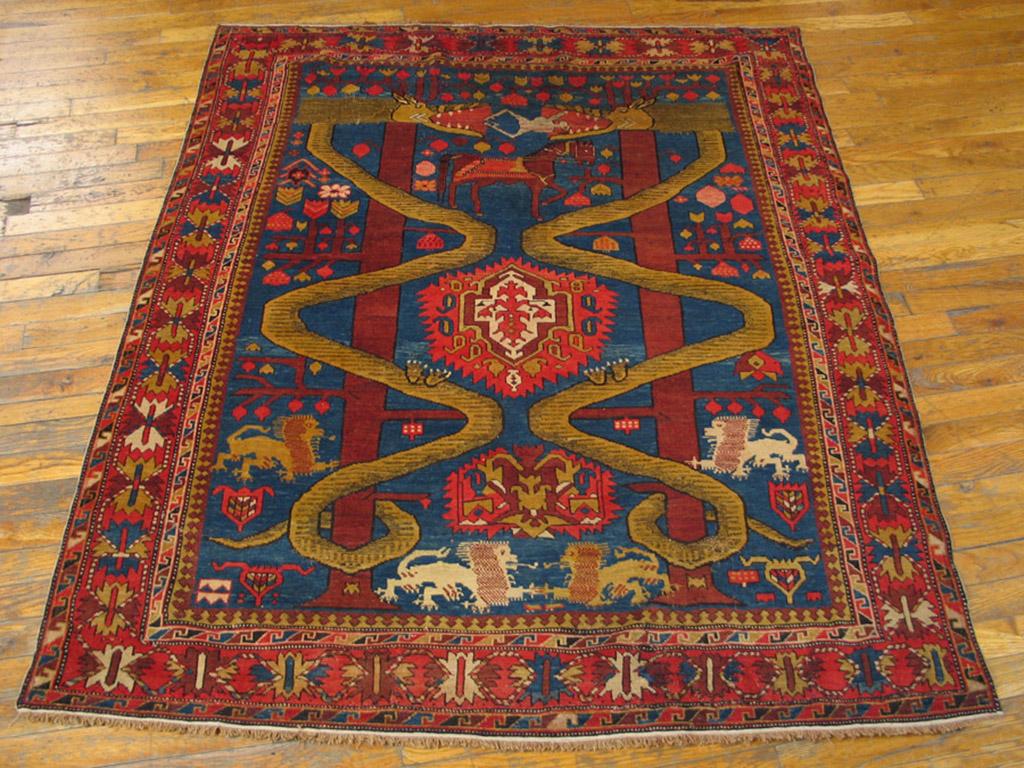 Hand-Knotted Late 19th Century Pictorial Caucasian Shirvan Carpet (4'4