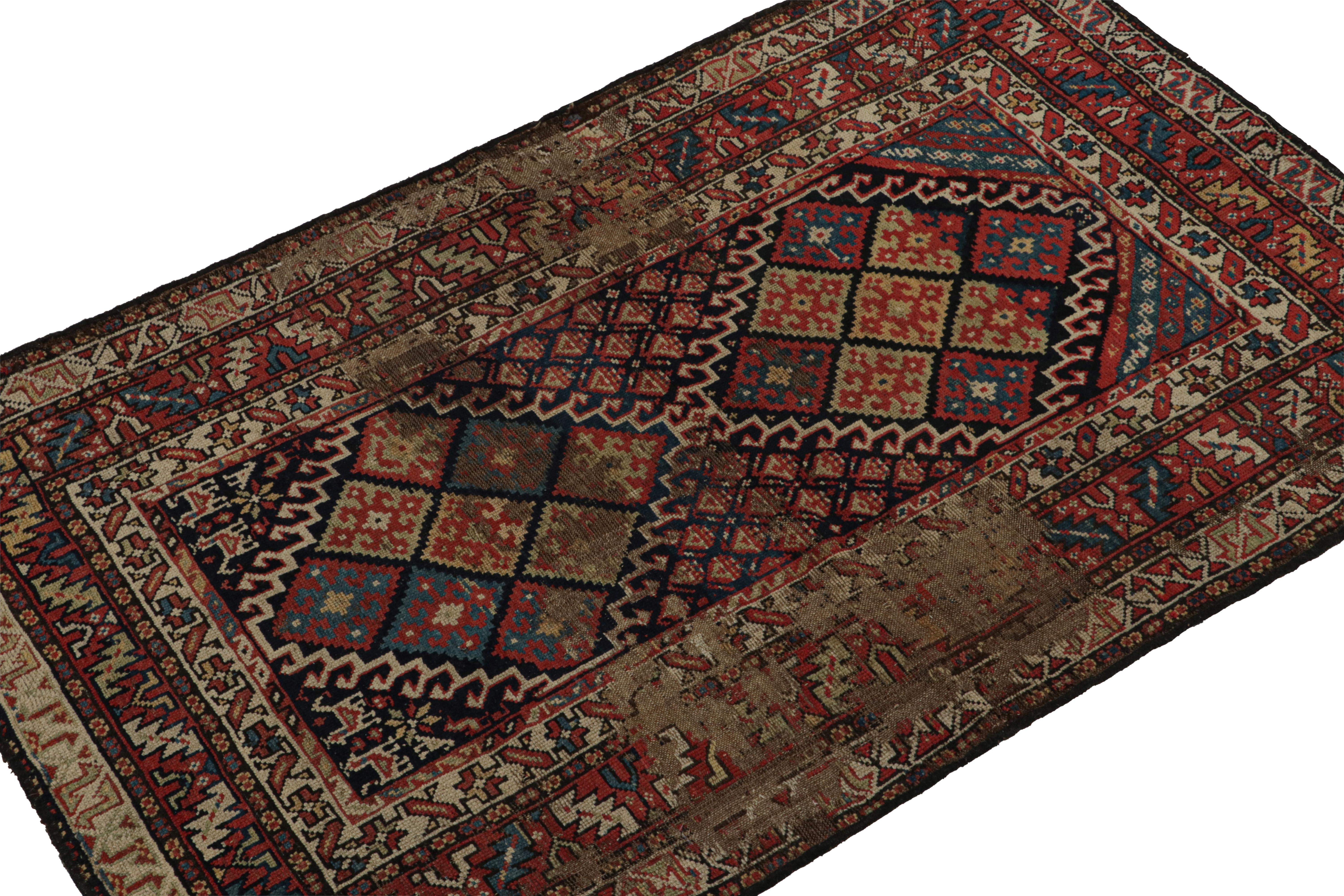 Hand-knotted in wool circa 1880-1900, this 3x5 antique Caucasian rug is a collectible tribal piece from the curations by Rug & Kilim. 

On the Design: 

This scatter rug enjoys an all over geometric pattern, with rich brown and red at pla with beige