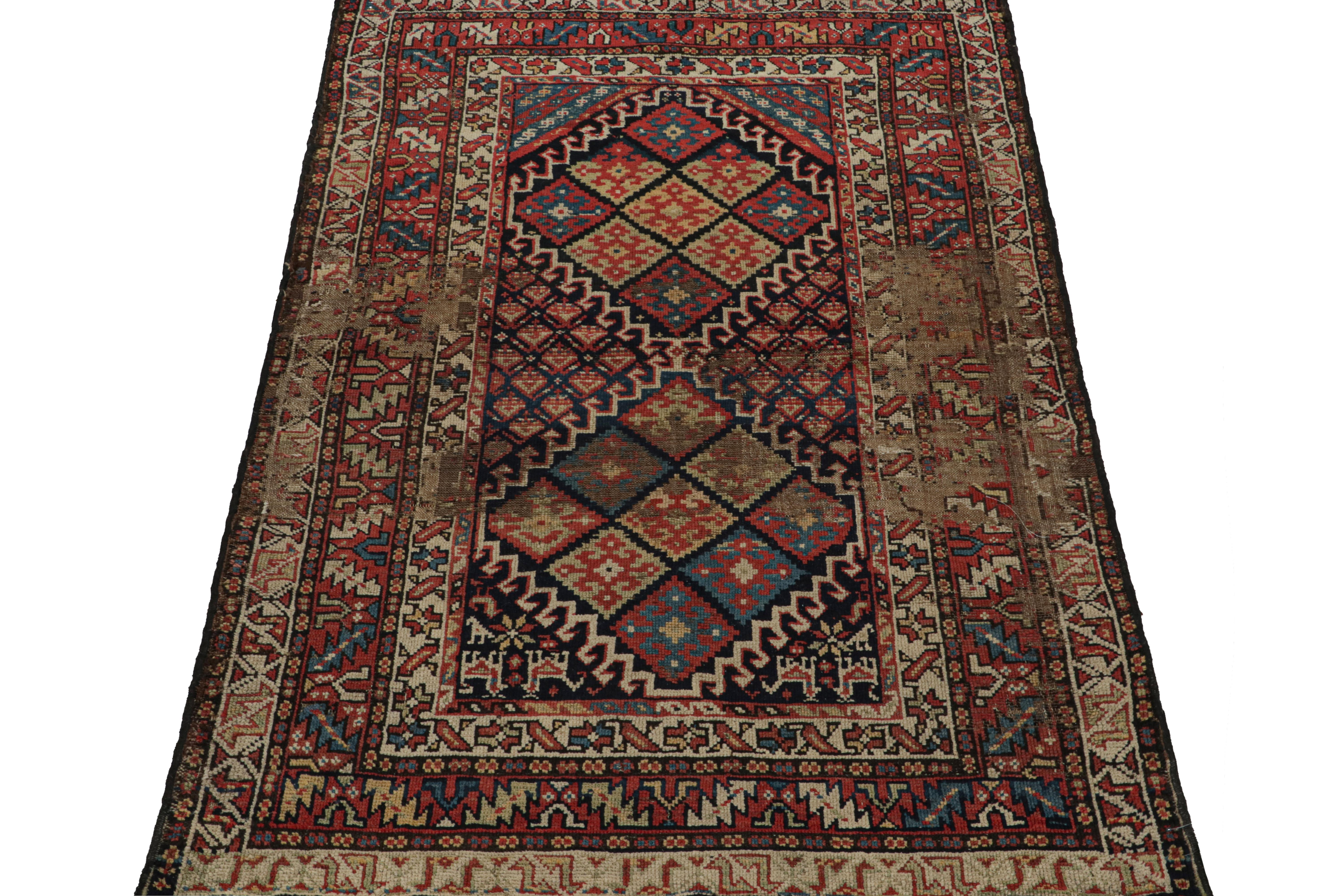 Tribal Antique Caucasian Rug in Beige, Blue & Red Geometric Patterns, from Rug & Kilim