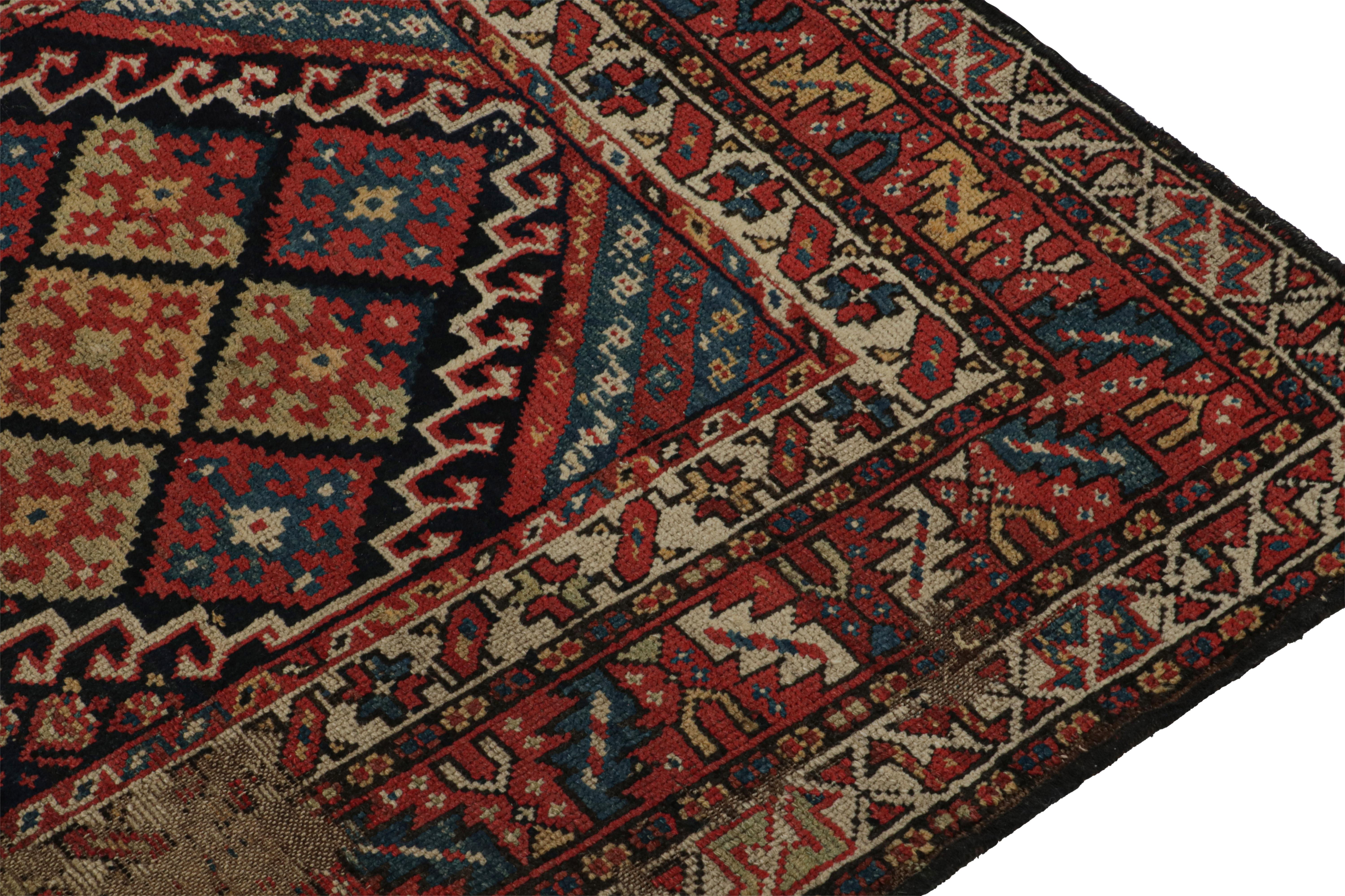 Hand-Knotted Antique Caucasian Rug in Beige, Blue & Red Geometric Patterns, from Rug & Kilim