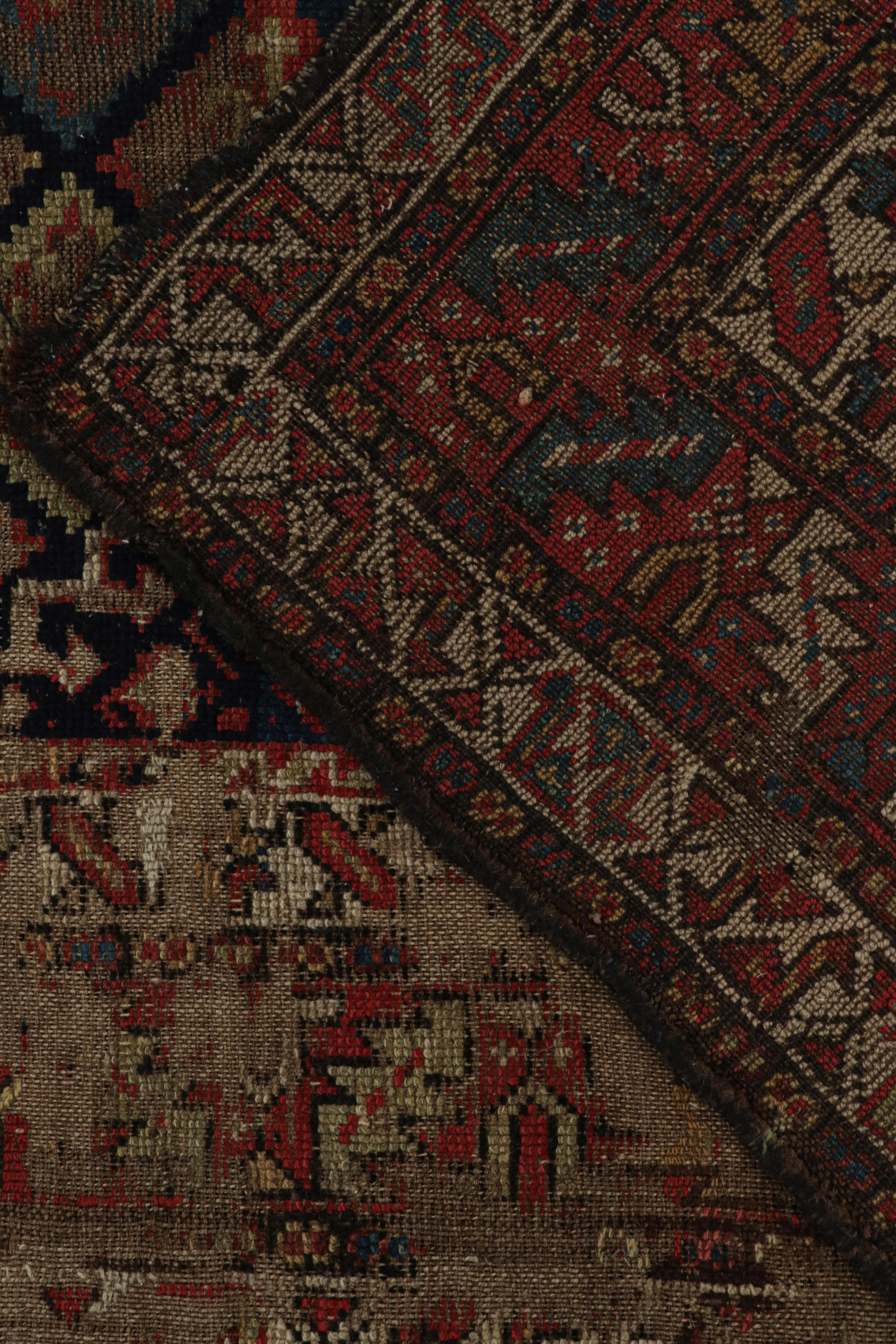 Late 19th Century Antique Caucasian Rug in Beige, Blue & Red Geometric Patterns, from Rug & Kilim