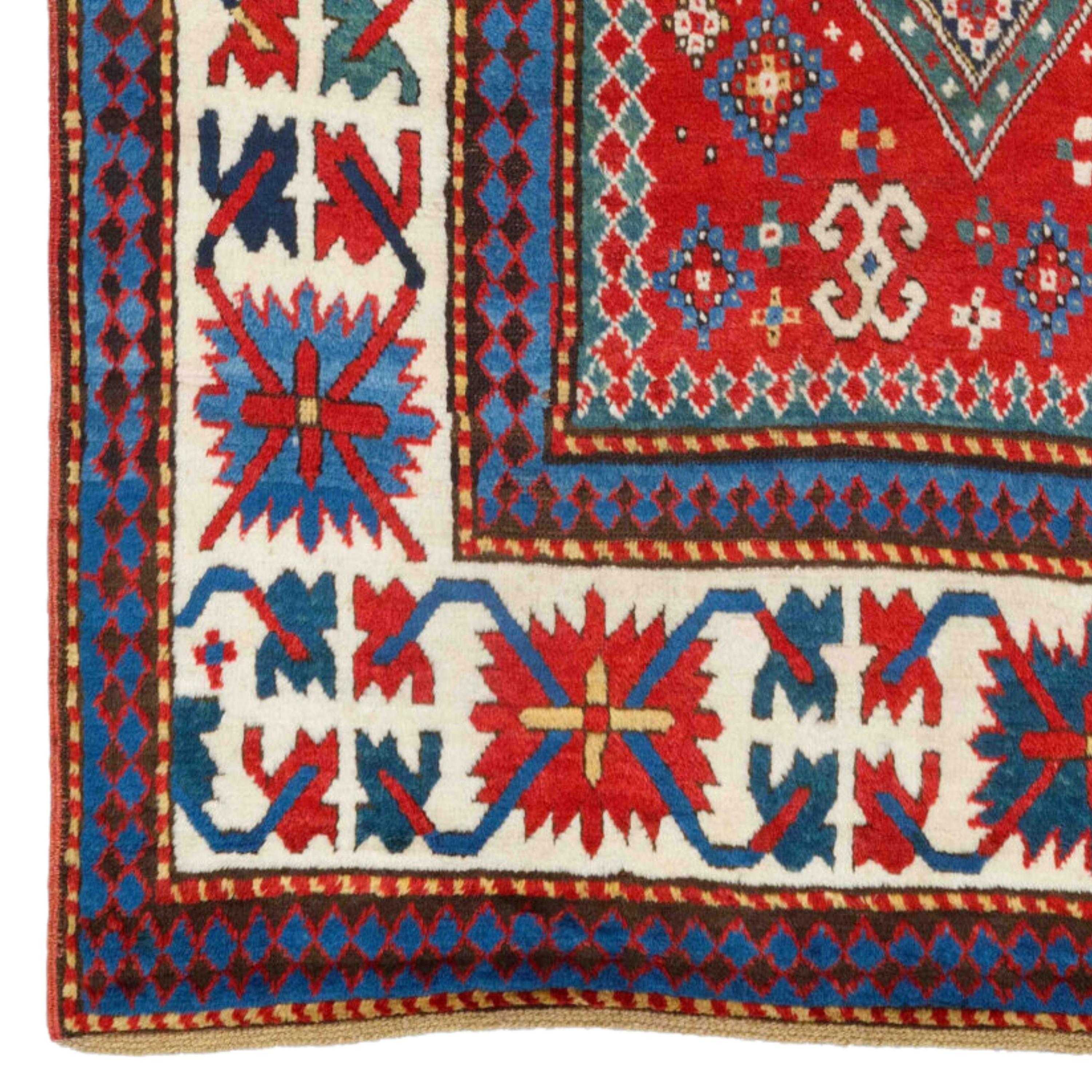 Middle of 19th Century South West Caucasian Rug Very good condition, with the original end and side finishes.Size 140 x 242 cm (4,59 - 7,93 ft)

This carpet is a rare and valuable Caucasian carpet woven in the 19th century. At the center of the