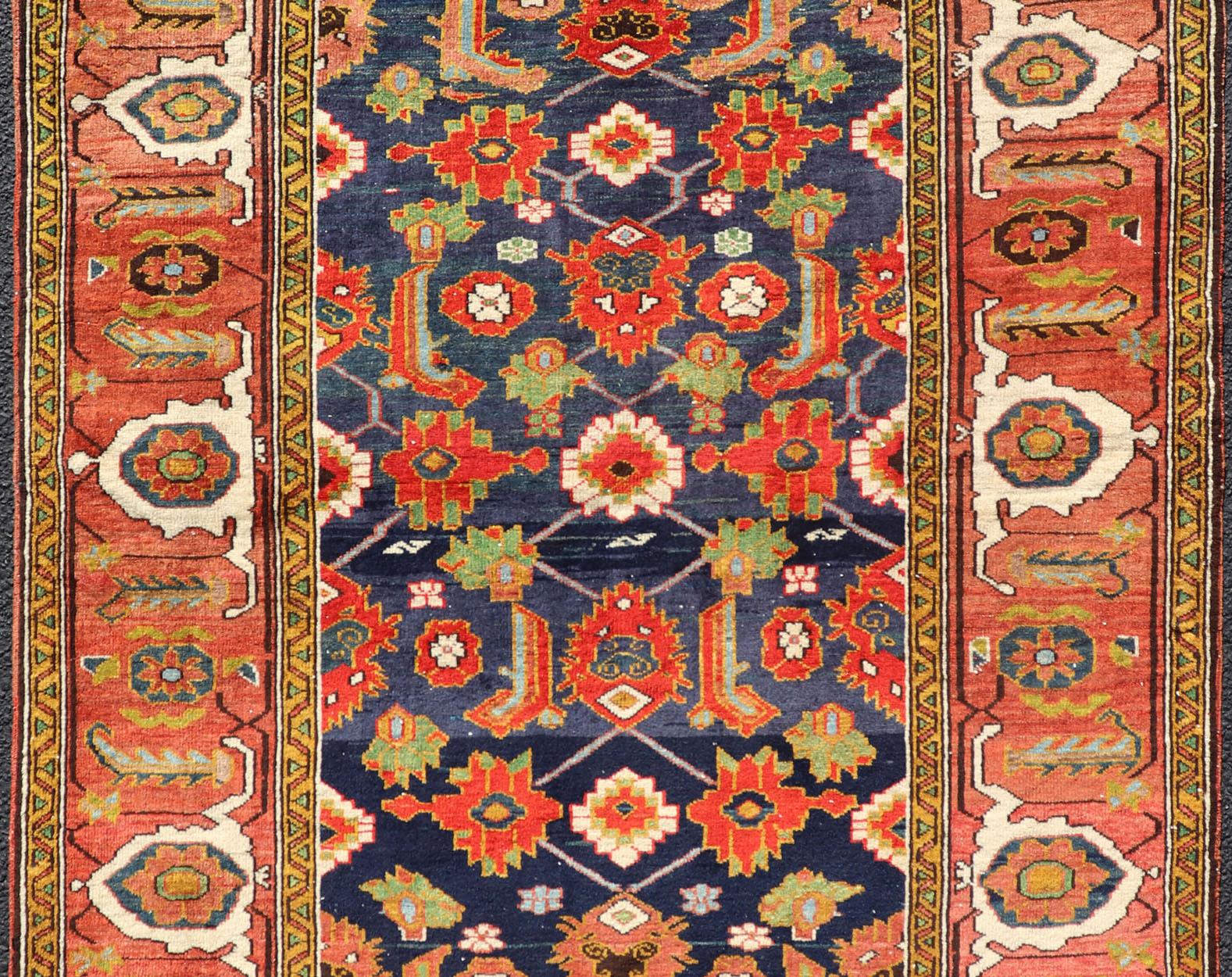 Antique Caucasian Rug with All-Over Design in Royal Blue Field, Soft Red & Green For Sale 3