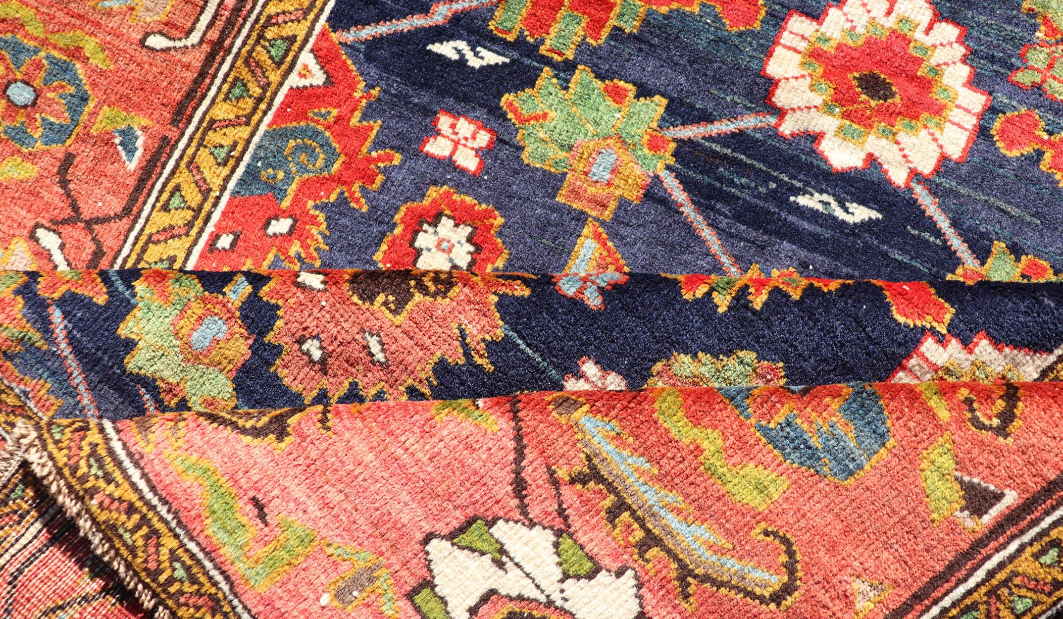 Antique Caucasian Rug with All-Over Design in Royal Blue Field, Soft Red & Green For Sale 4