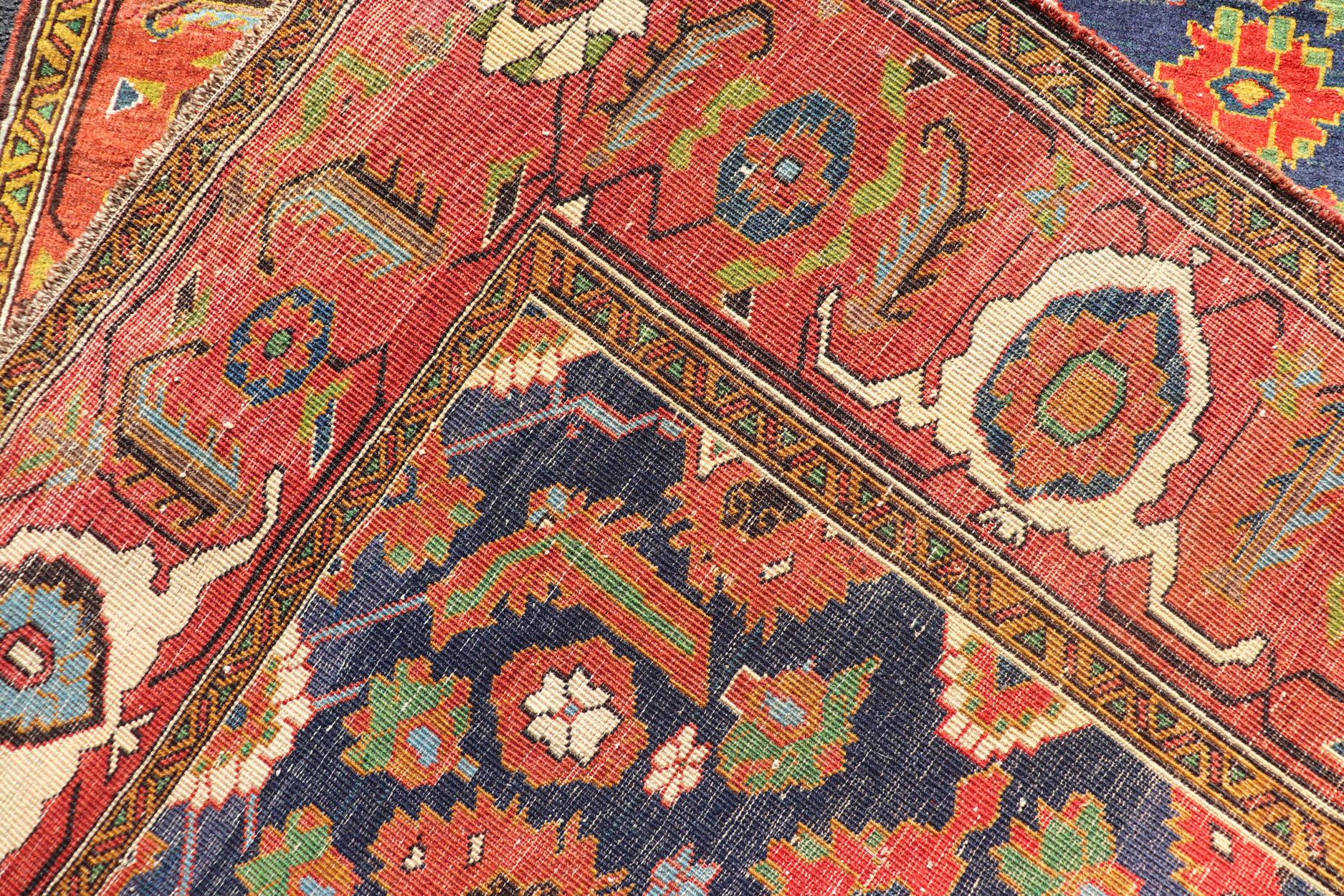 Antique Caucasian Rug with All-Over Design in Royal Blue Field, Soft Red & Green For Sale 5