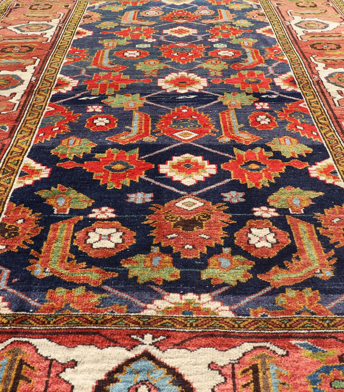 Hand-Knotted Antique Caucasian Rug with All-Over Design in Royal Blue Field, Soft Red & Green For Sale