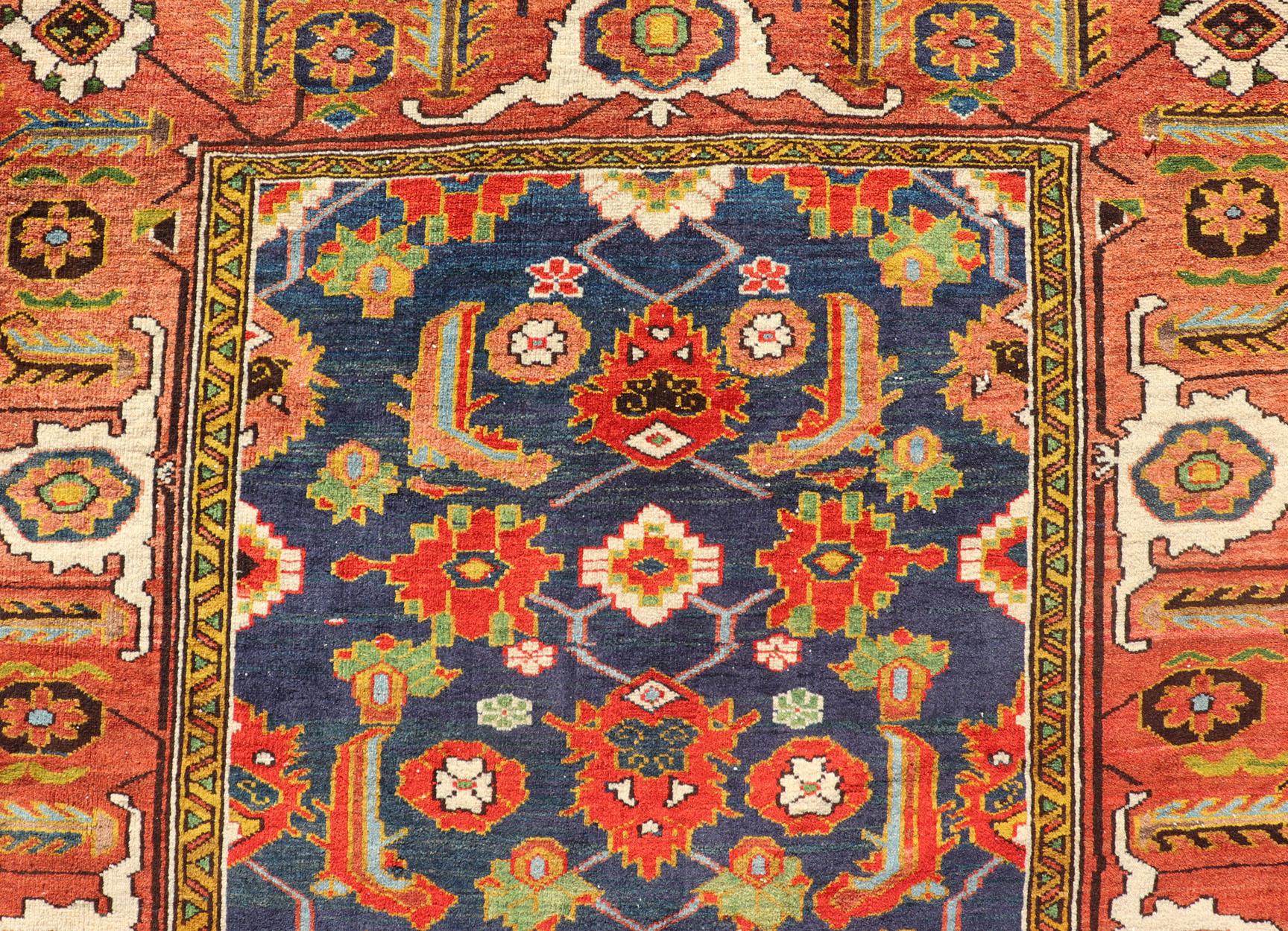 20th Century Antique Caucasian Rug with All-Over Design in Royal Blue Field, Soft Red & Green For Sale