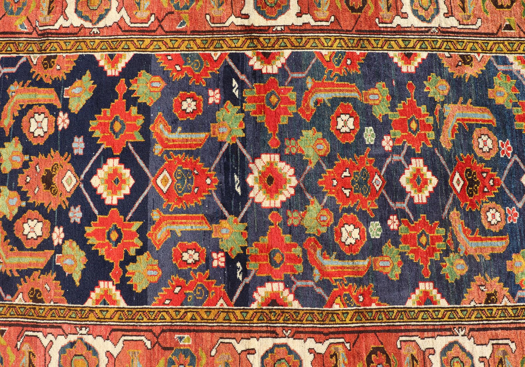 Wool Antique Caucasian Rug with All-Over Design in Royal Blue Field, Soft Red & Green For Sale