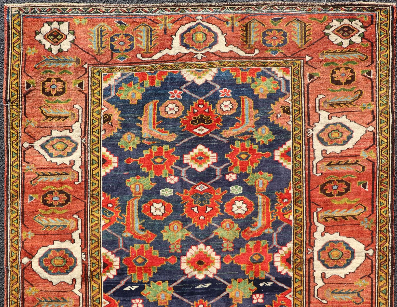 Antique Caucasian Rug with All-Over Design in Royal Blue Field, Soft Red & Green For Sale 2