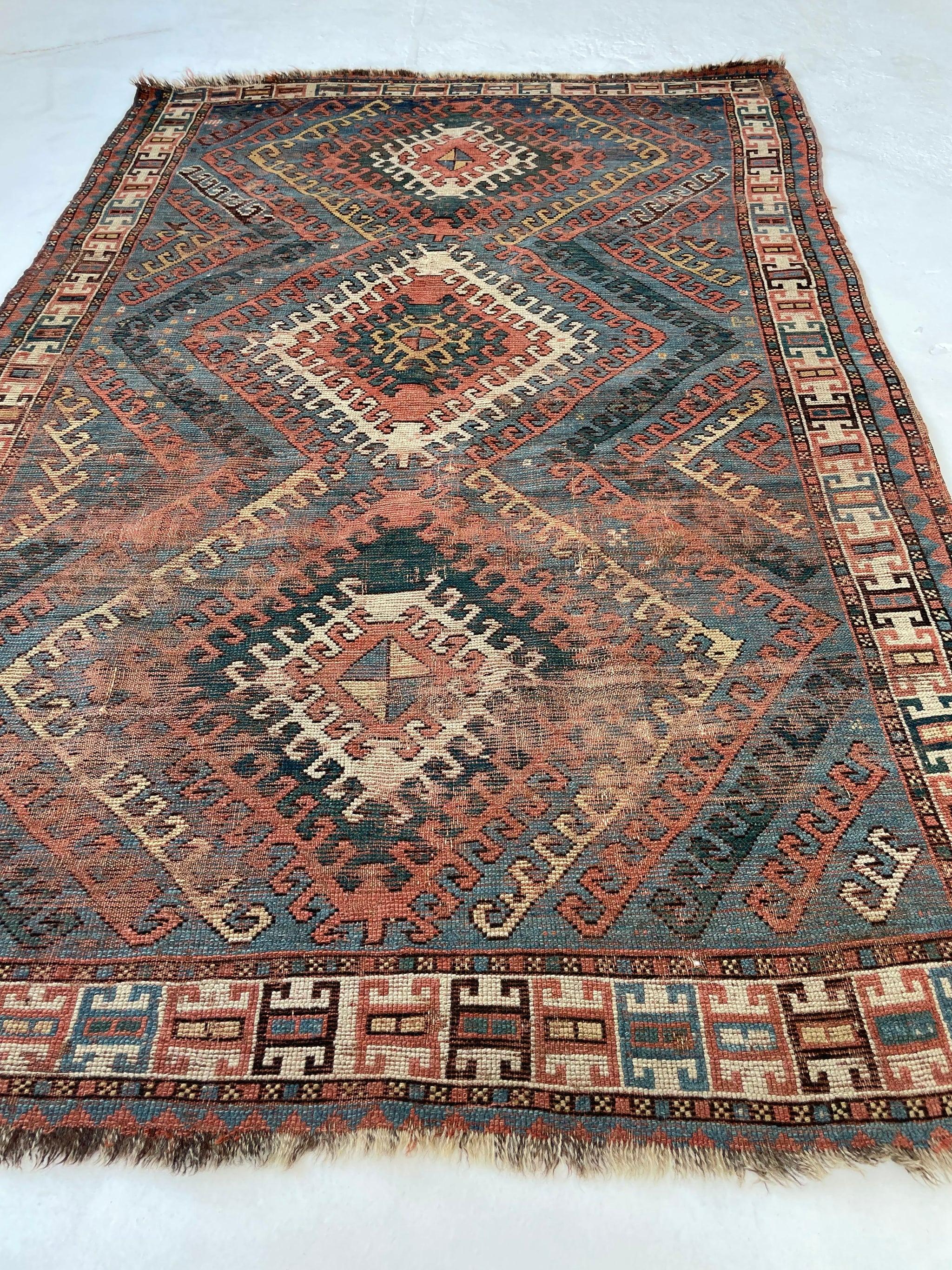 Antique Caucasian Rug with Ram Horn Outlined Diamonds, c.1910-20's For Sale 8