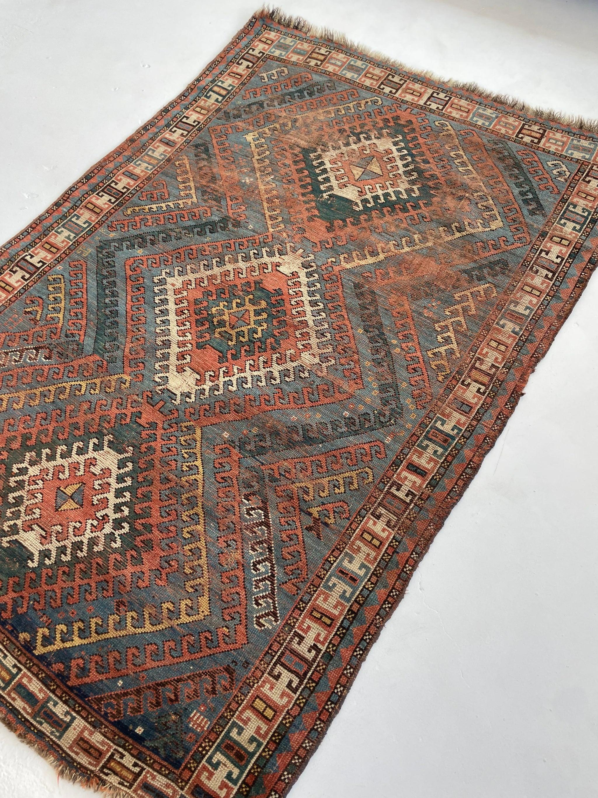 Antique Caucasian Rug with Ram Horn Outlined Diamonds, c.1910-20's For Sale 10