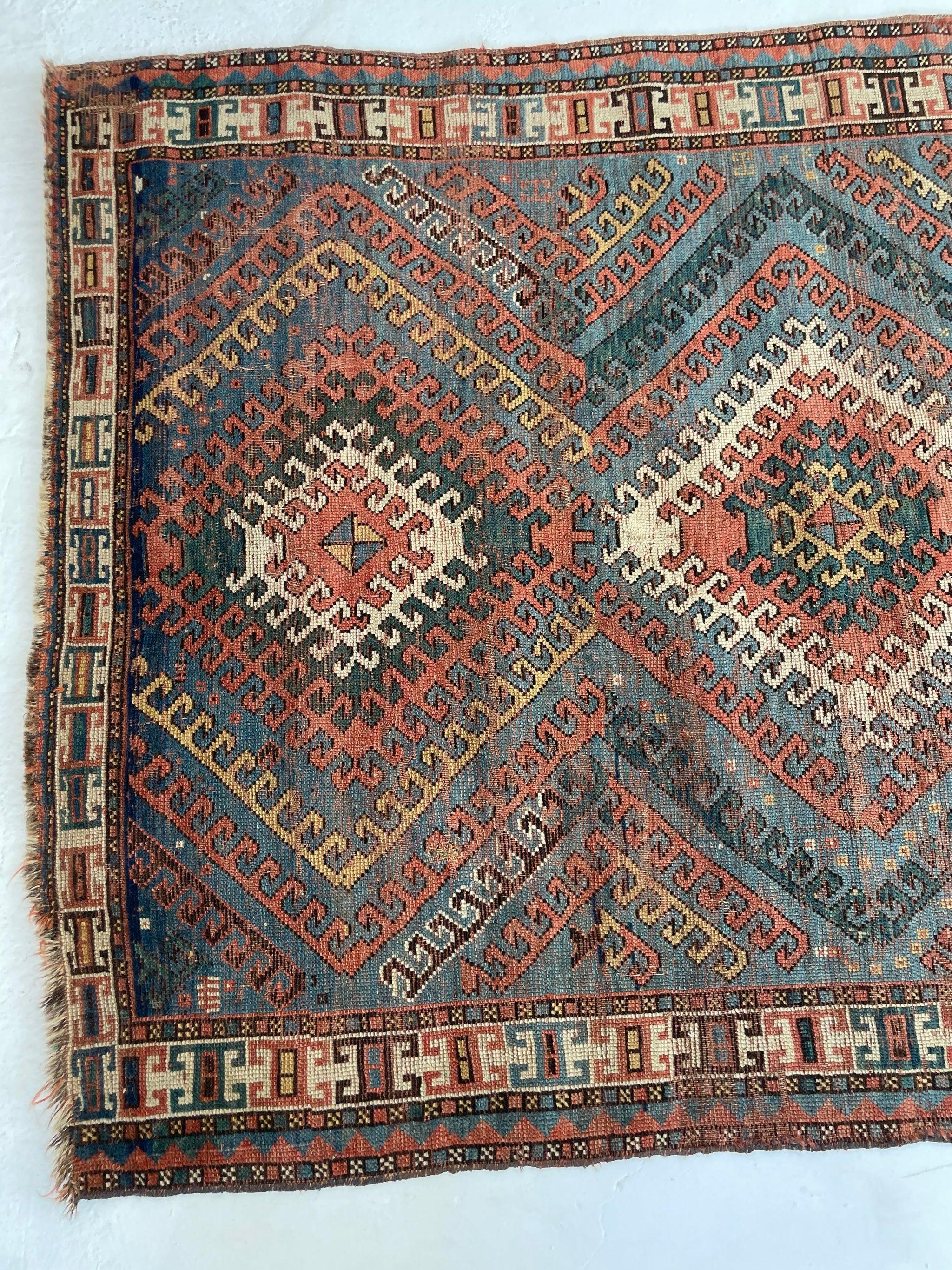 Antique Caucasian Rug with Ram Horn Outlined Diamonds, c.1910-20's For Sale 11