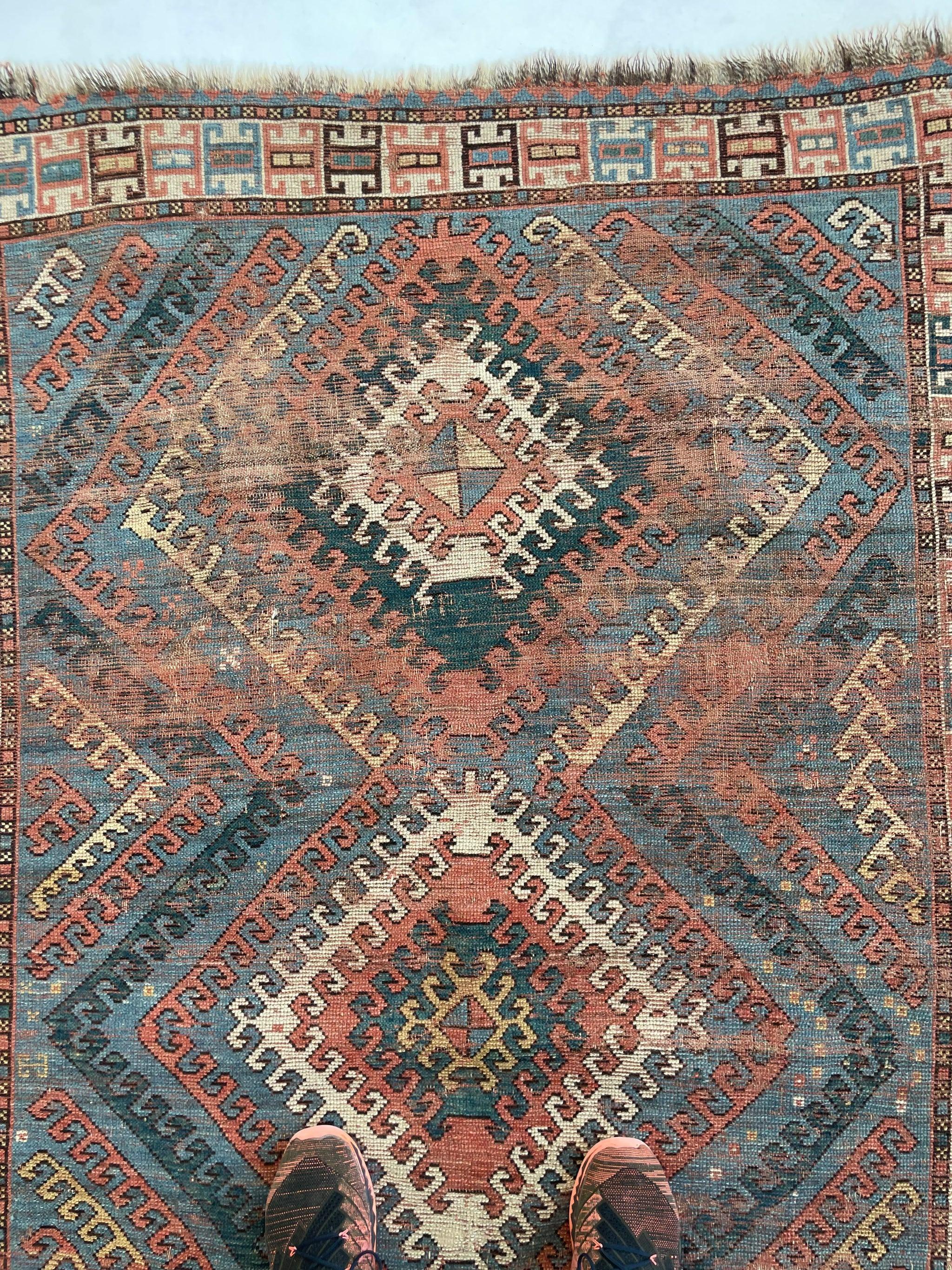 Antique Caucasian Rug with Ram Horn Outlined Diamonds, c.1910-20's For Sale 2