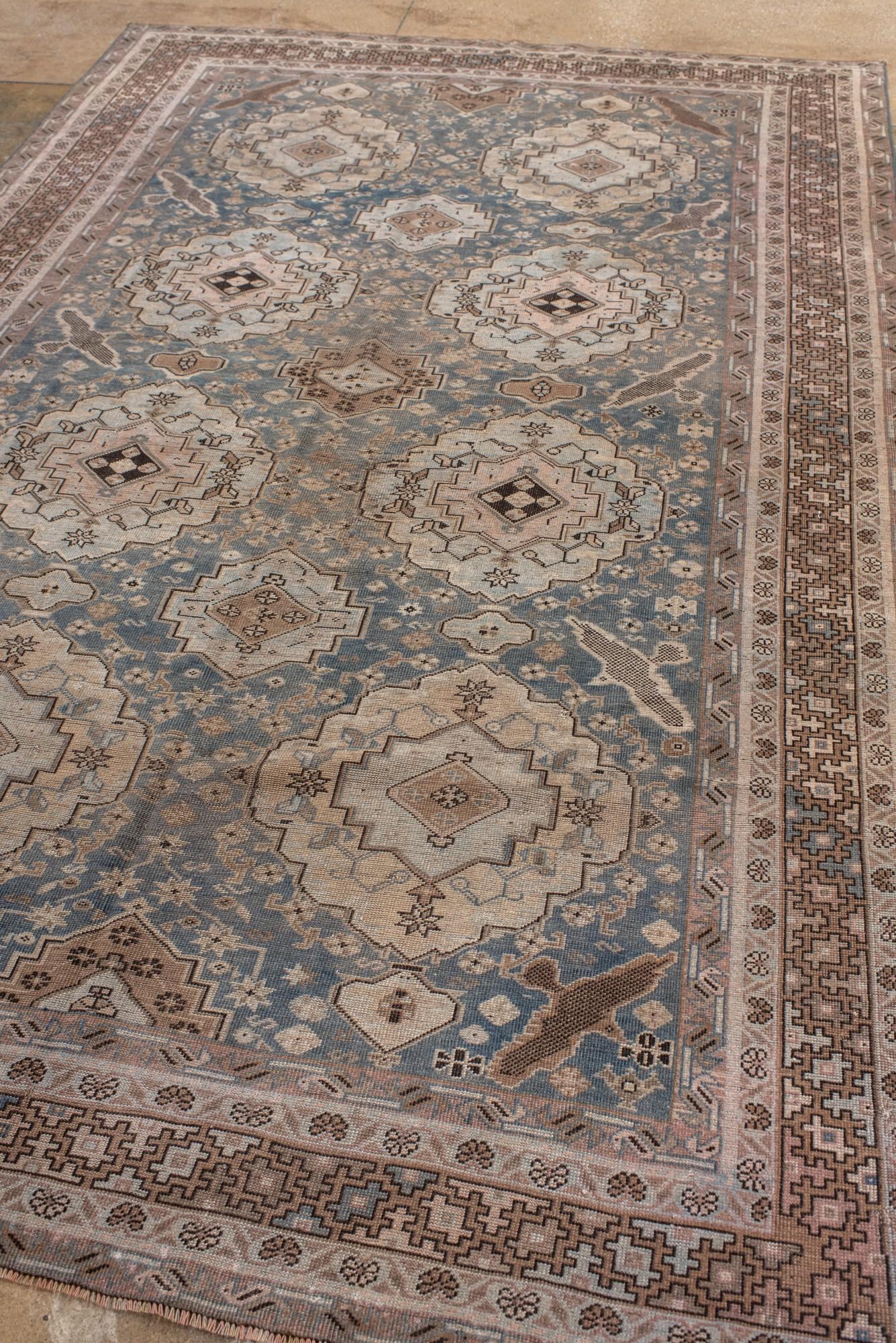 Persiano Antique Caucasian Rug with Soft Blue & Camel Medallions. in vendita