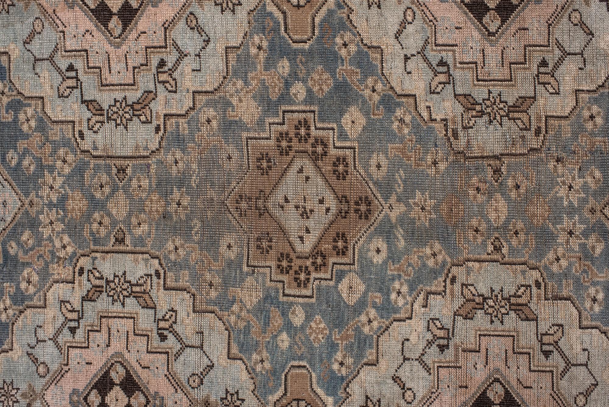 Annodato a mano Antique Caucasian Rug with Soft Blue & Camel Medallions. in vendita