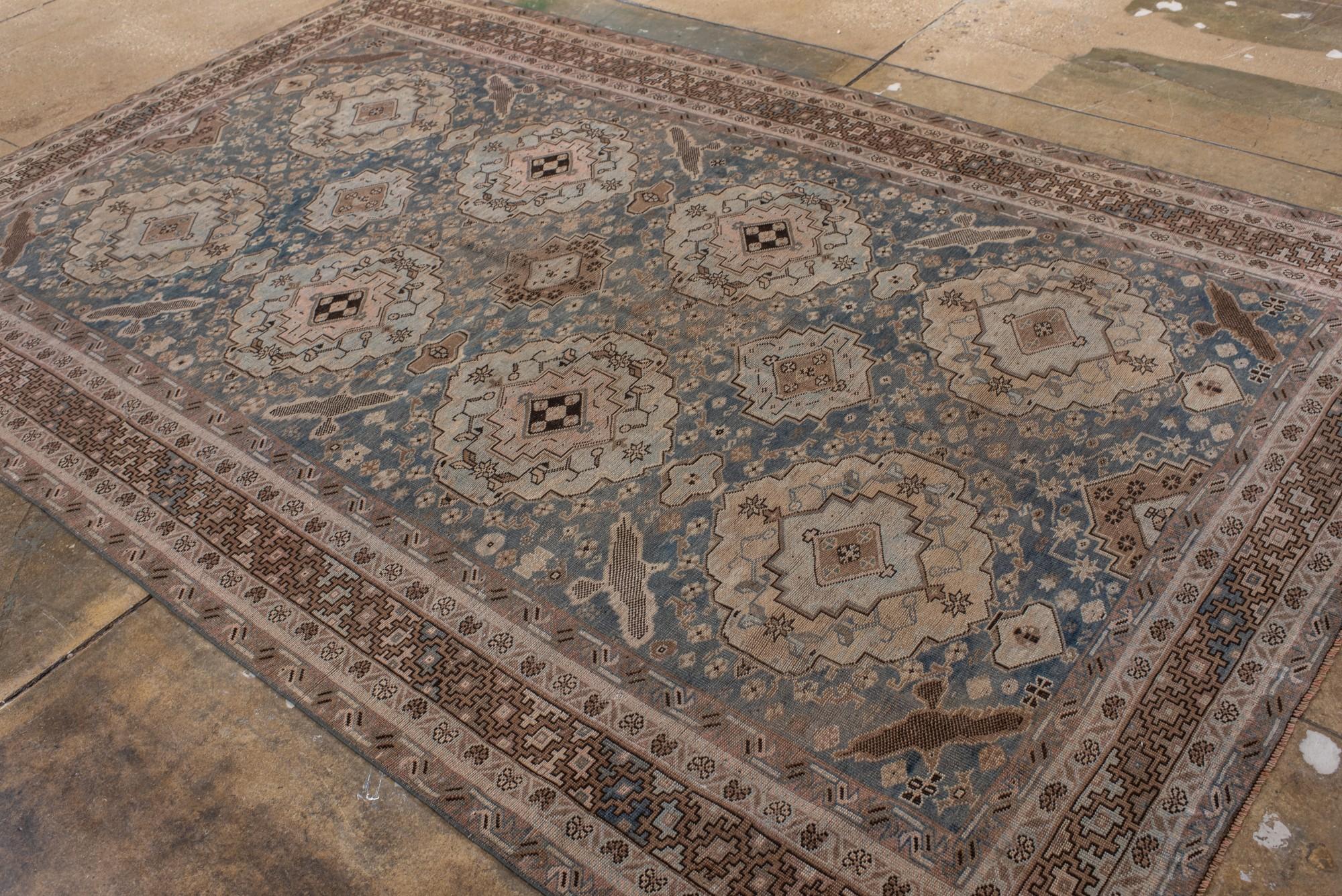 Antique Caucasian Rug with Soft Blue & Camel Medallions. in vendita 1