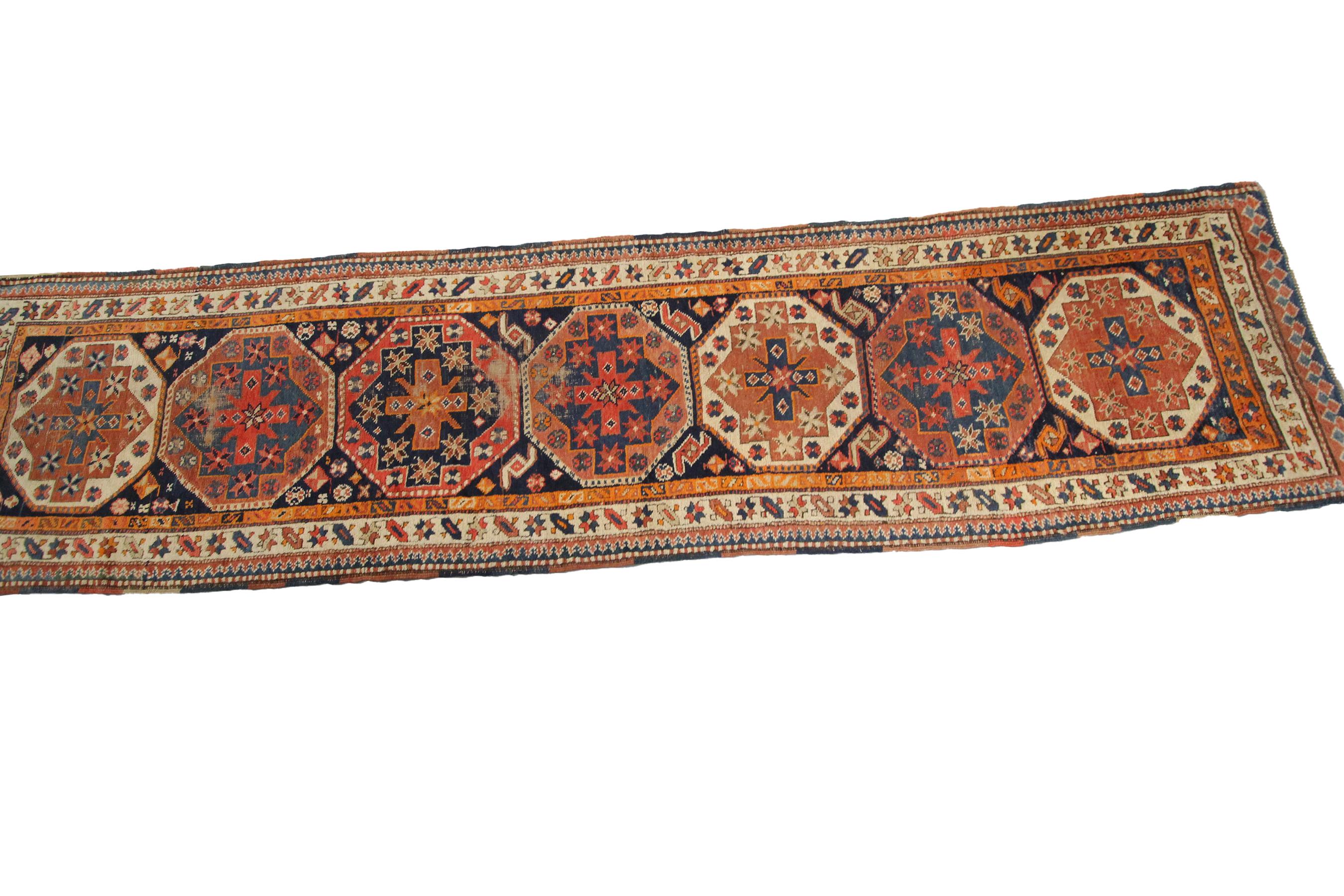 Hand-Knotted Antique Caucasian Runner Caucasian Kazak Rug Geometric 3x12 94cm x 369cm 1880  For Sale