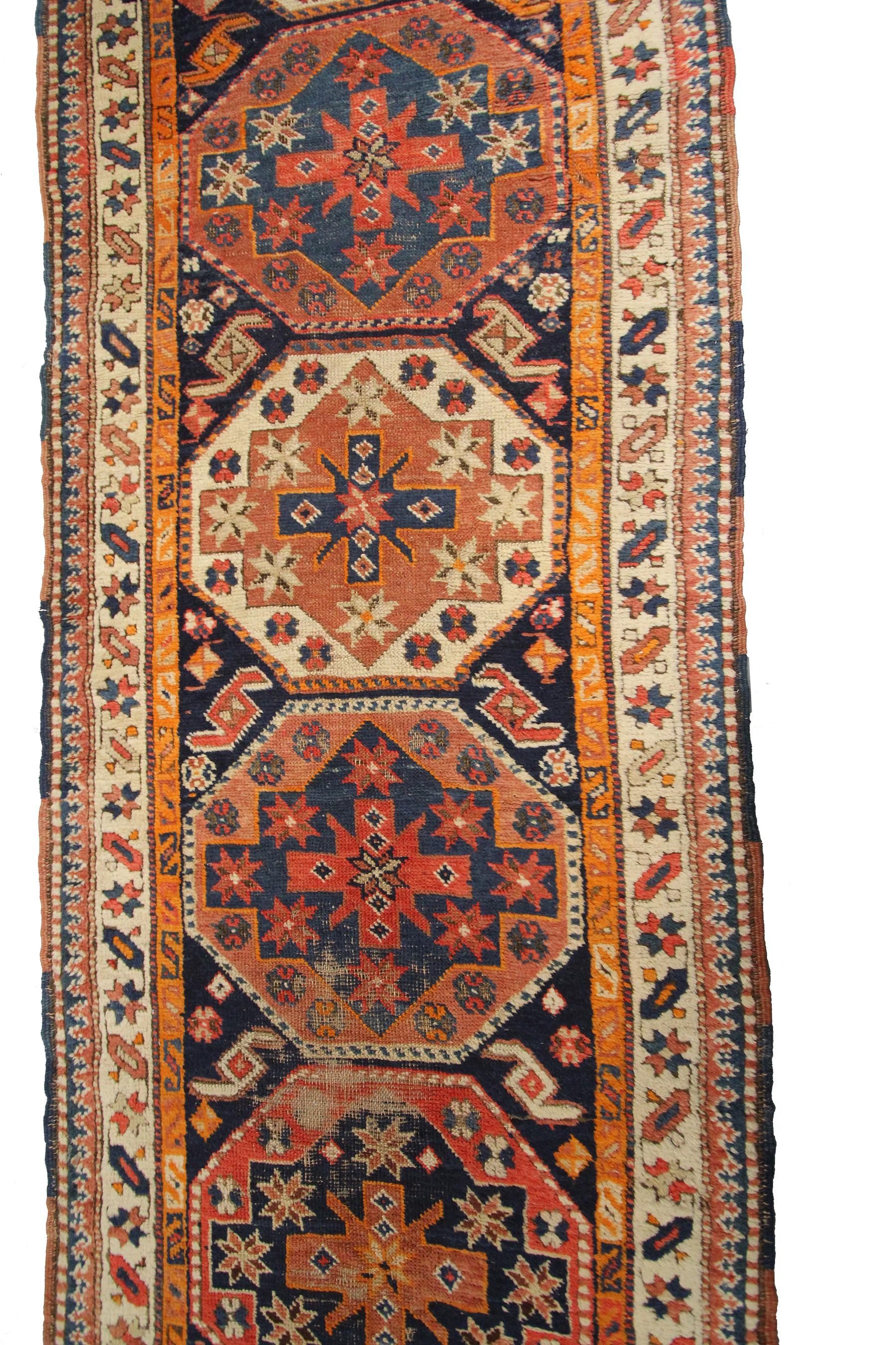 Antique Caucasian Runner Caucasian Kazak Rug Geometric 3x12 94cm x 369cm 1880  For Sale 1