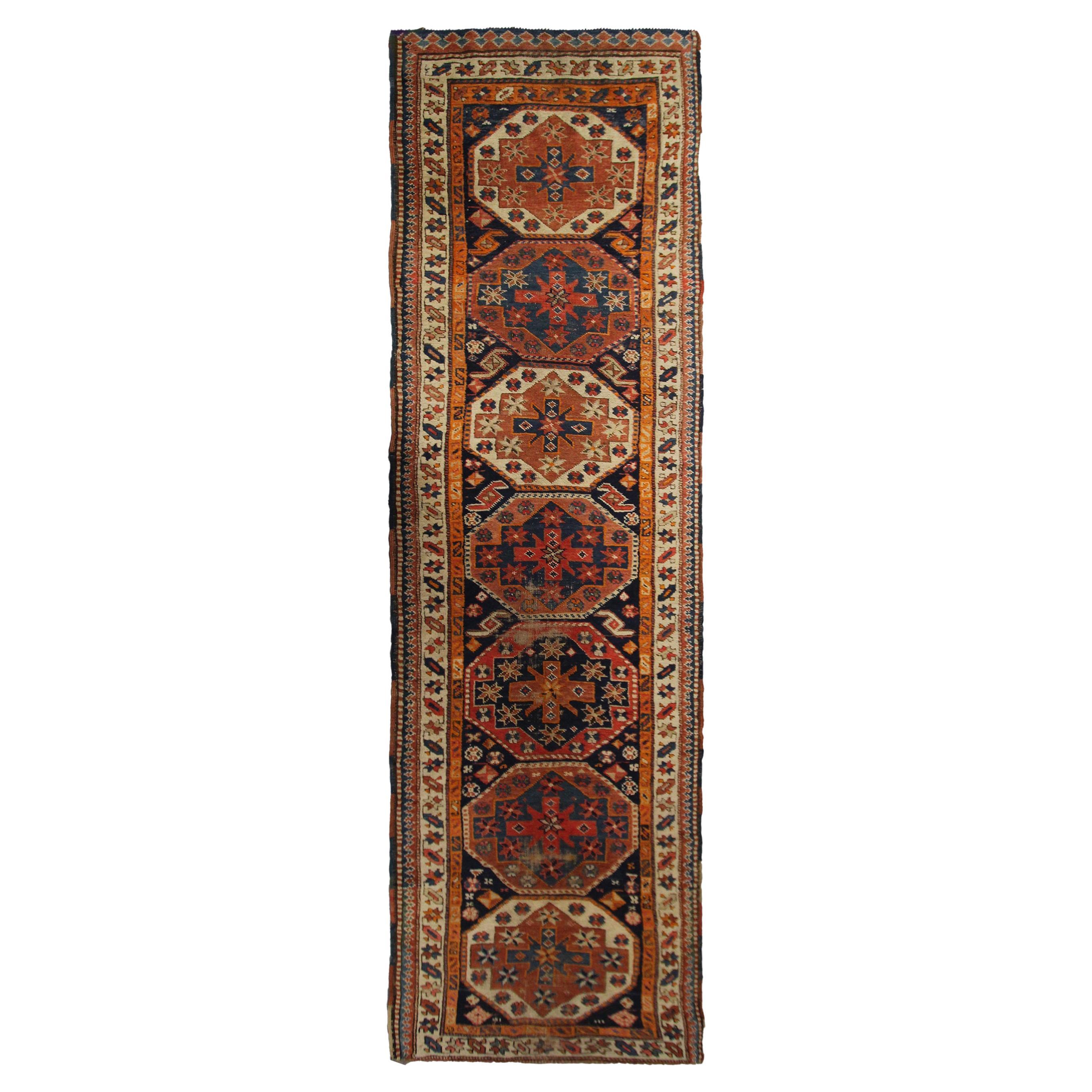 Antique Caucasian Runner Caucasian Kazak Rug Geometric 3x12 94cm x 369cm 1880  For Sale