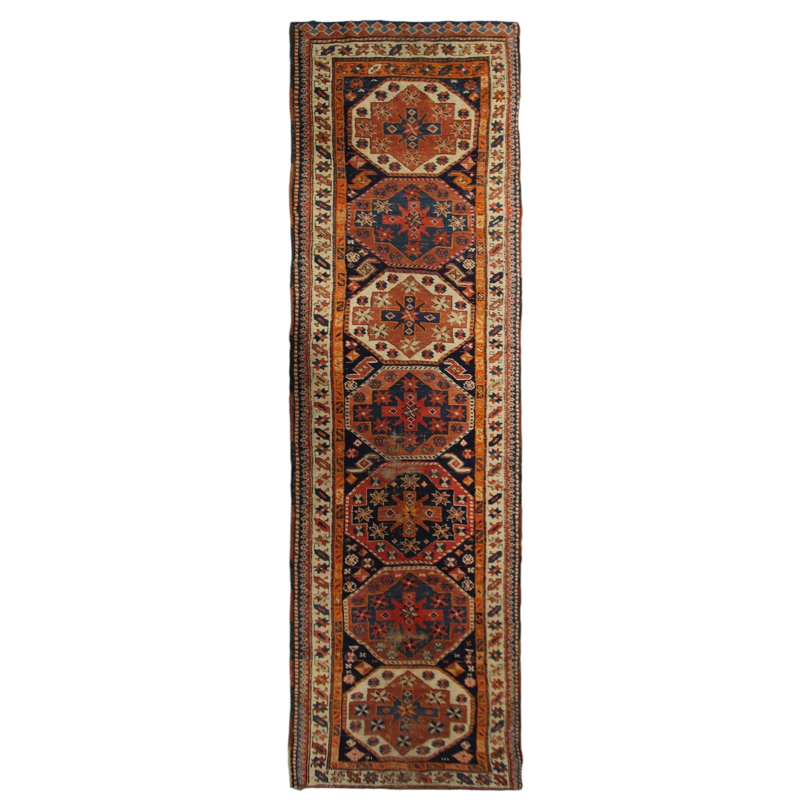 Antico tappeto caucasico Runner Kazak Geometrico 3x12 94cm x 369cm 1880