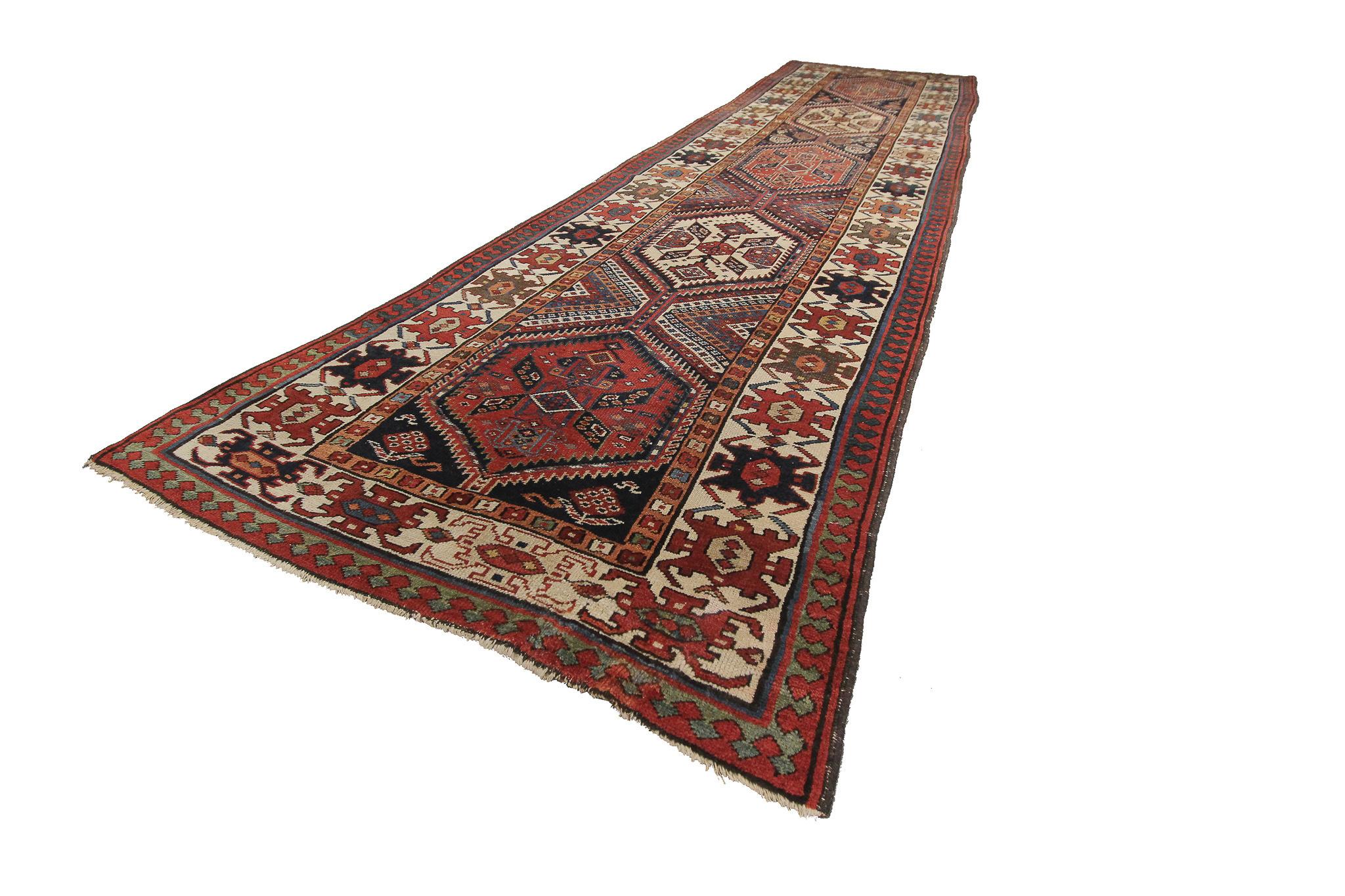 Seltener Antiker Teppich Kaukasischer Kazak Feiner Läufer Boho Teppich
Maße: 3'8