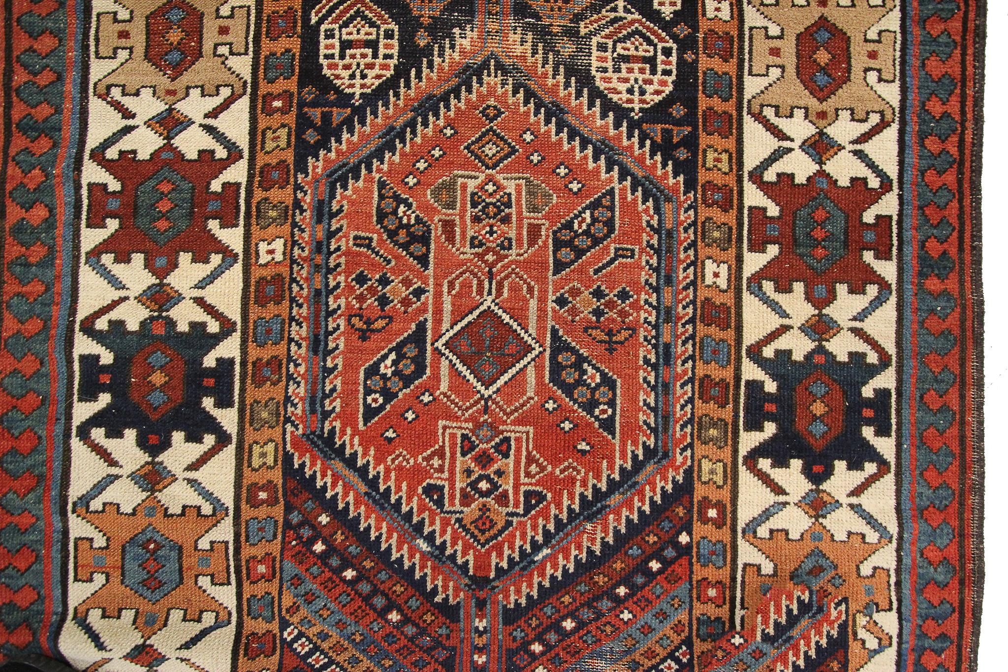 Wool Antique Caucasian Runner Caucasian Kazak Rug Runner Geometric 1880 For Sale