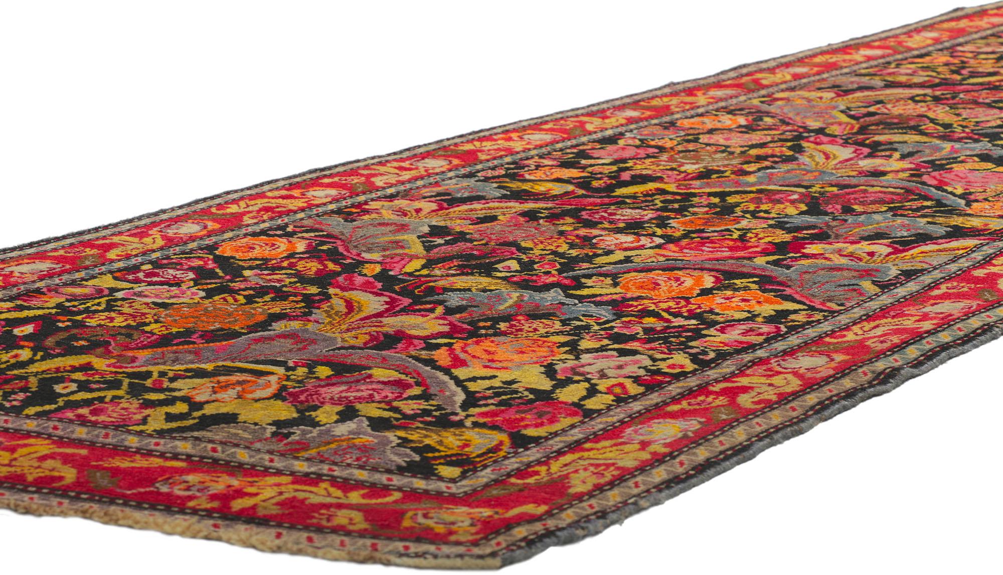 78186 antique Caucasian Rose Karabakh Hallway Runner, 03'10 x 16'00. This hand-knotted wool antique Caucasian Karabakh carpet runner is poised to impress with its effortless beauty and vibrant colors. The abrashed field displays features an all-over