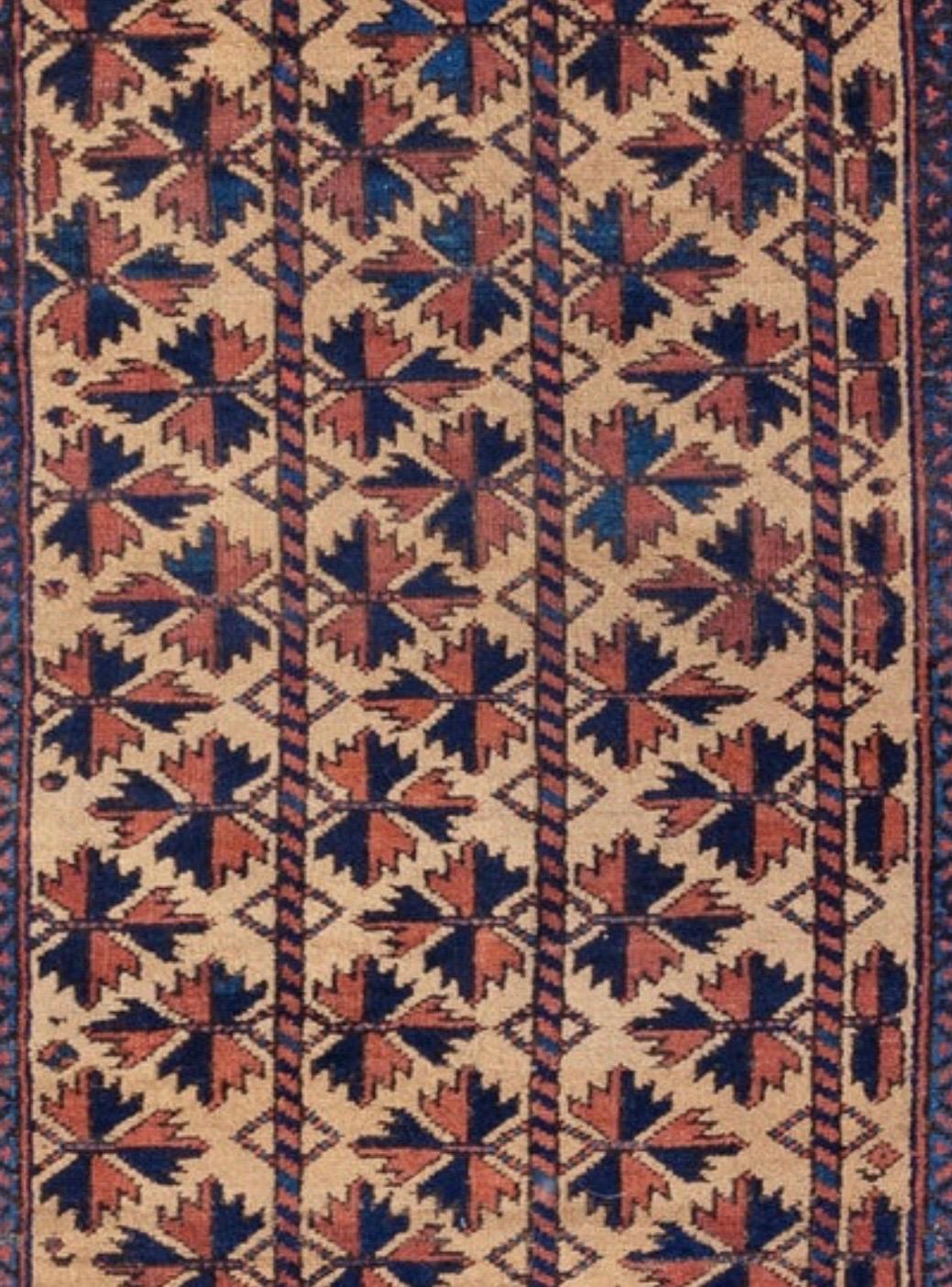 Baluch carpets are handmade carpets originally made by Baluch nomads, living near the border between Iran, Pakistan and Afghanistan. The carpets are often small with lively patterns, and praying carpets are common. The dominating colors are red,