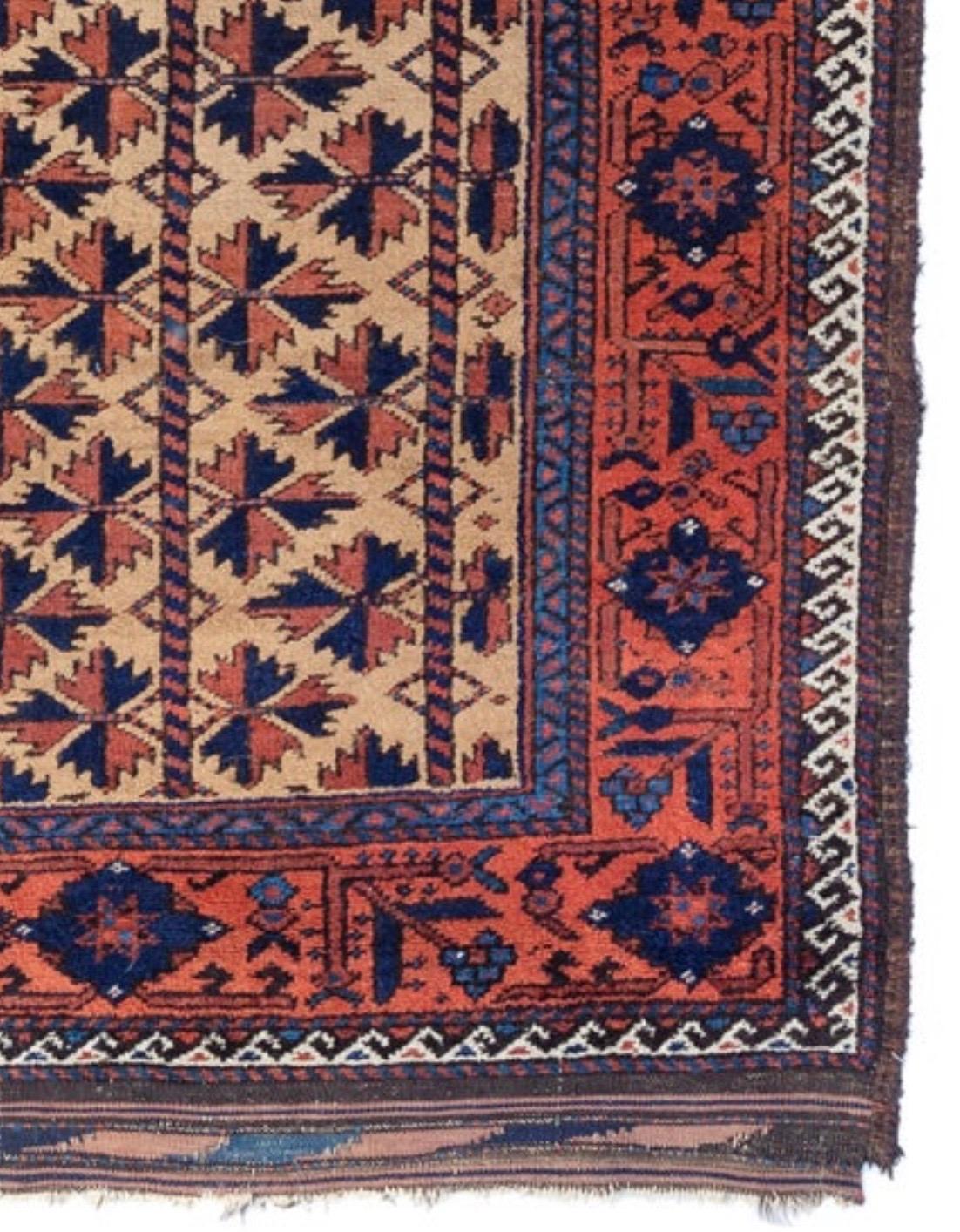 Hand-Woven Antique Caucasian Rust Blue Ivory Geometric Tribal Baluch Rug, circa 1900s-1910s For Sale